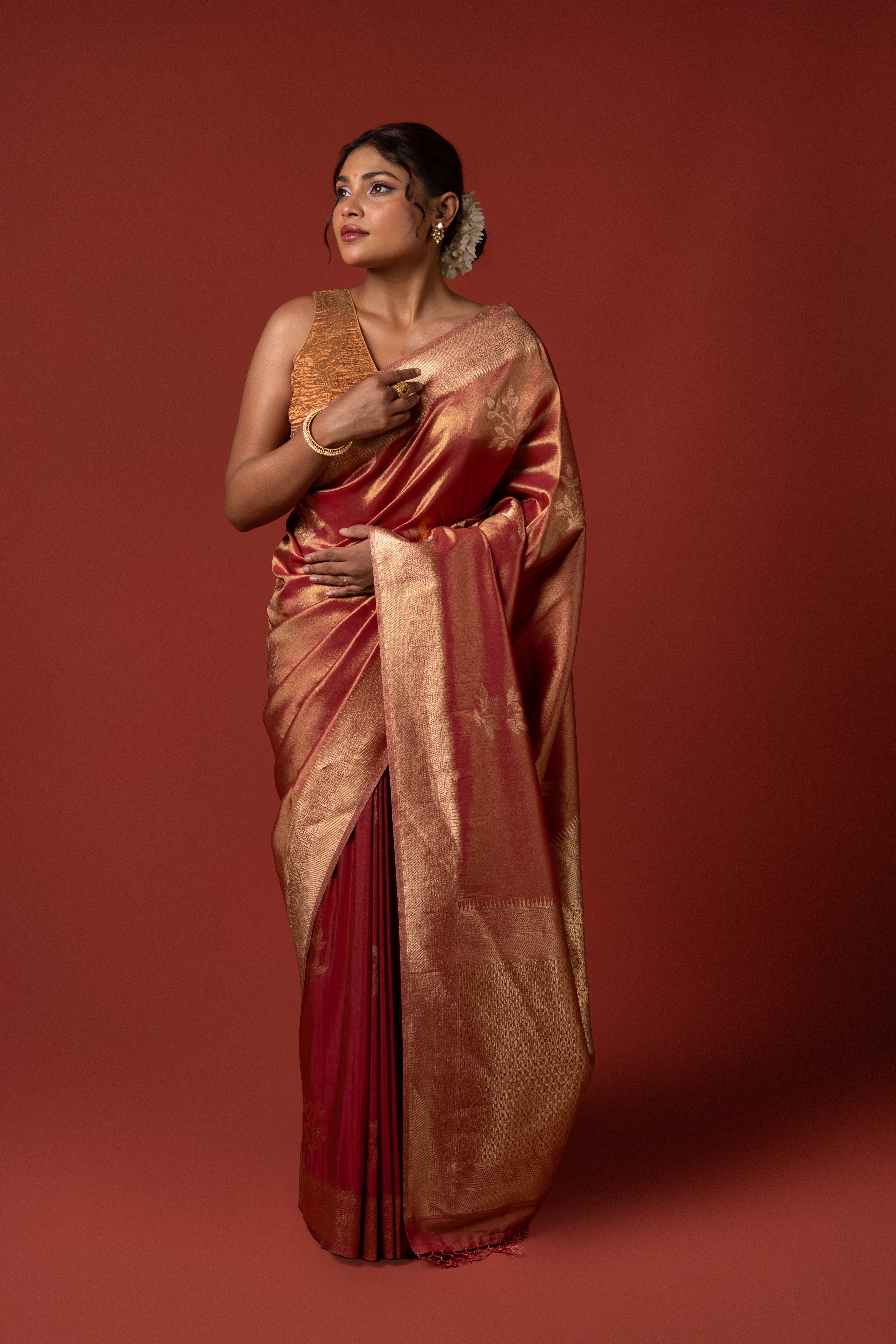 Golden-Peach Tissue Silk Saree