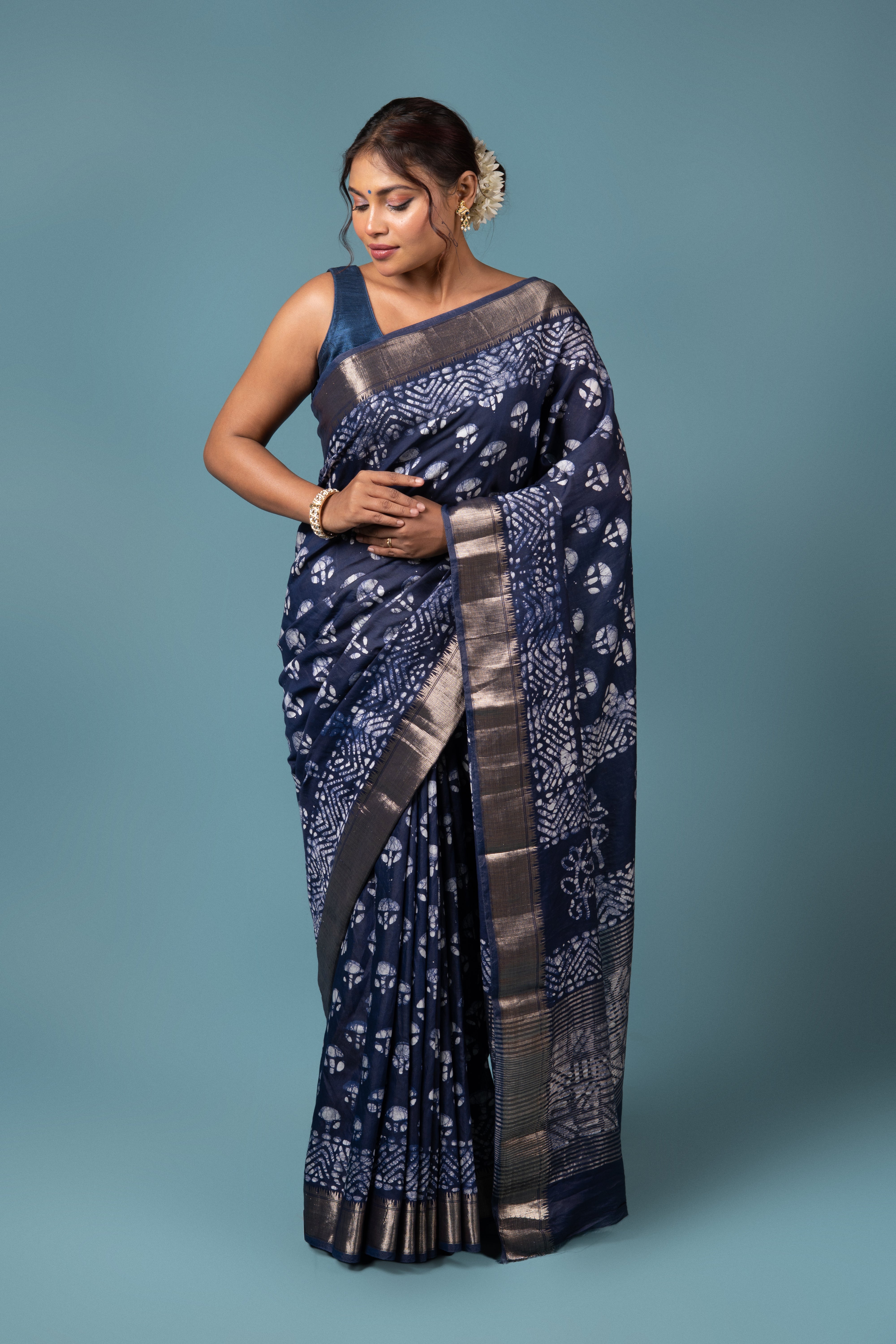 Midnight Blue Cotton Saree with Batik Print