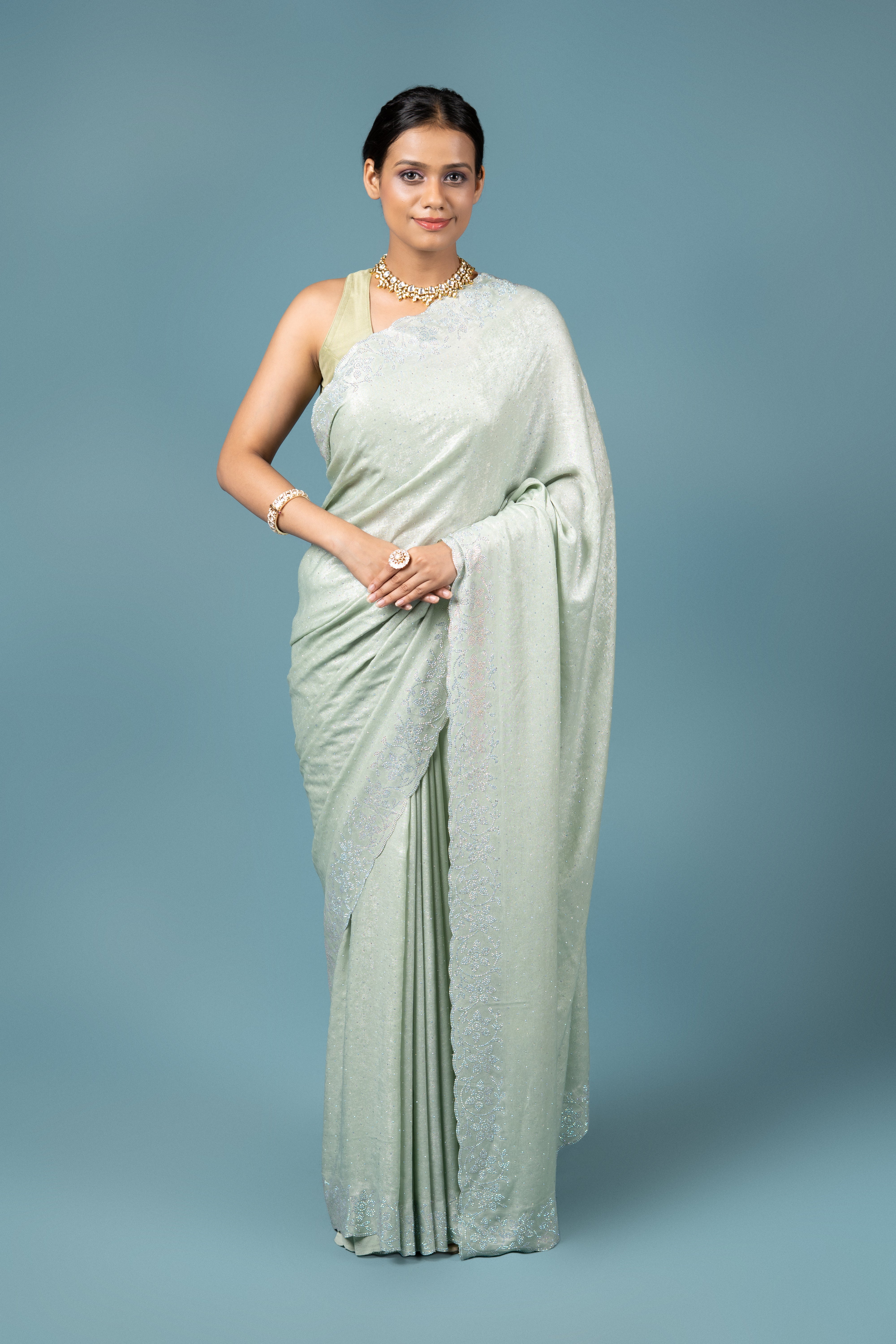 Pastel Green Georgette Saree with Stone Work
