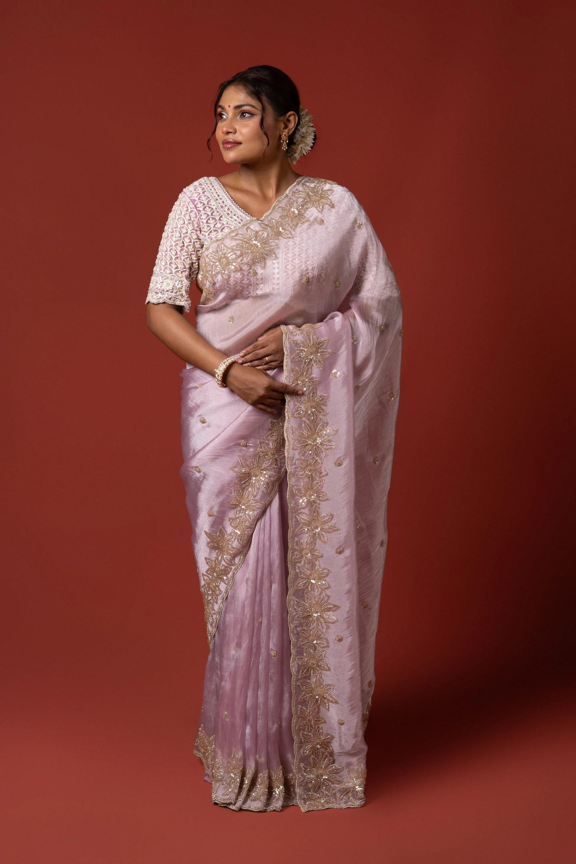 Pastel Purple Organza Saree With Stone Work