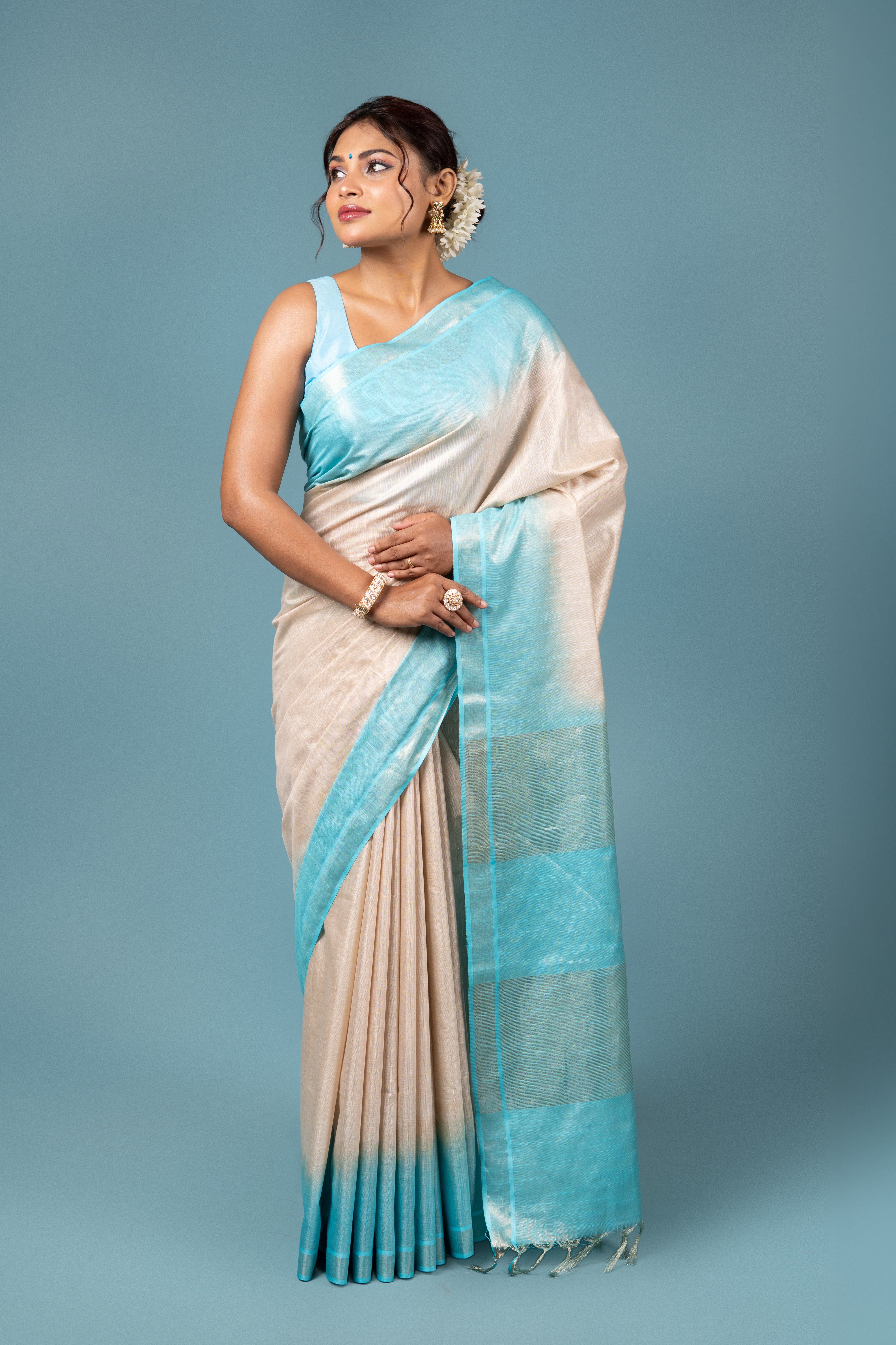 Baby Blue And Beige Tussar Silk Saree