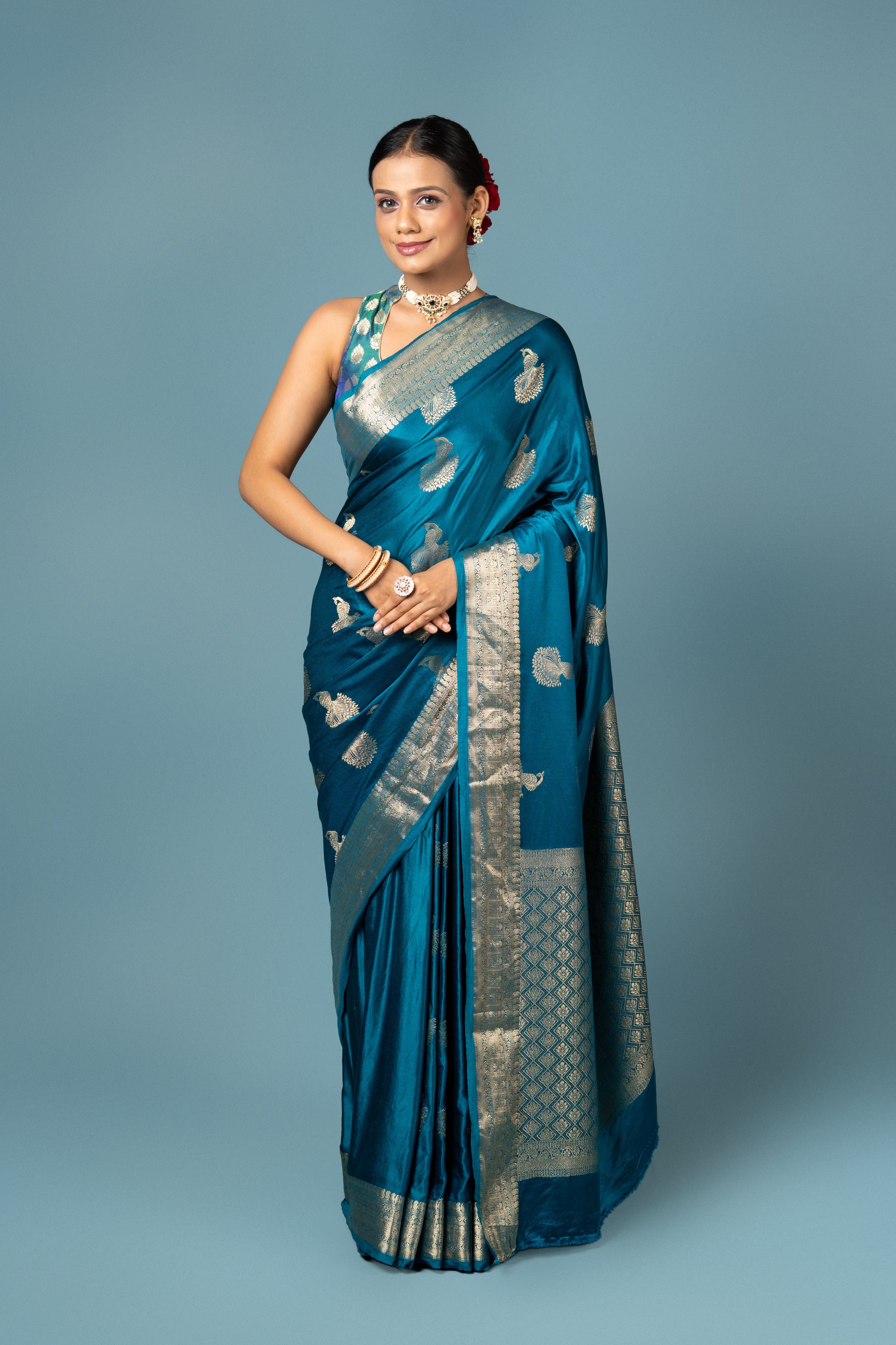 Peacock Blue Soft Silk Banarasi Saree
