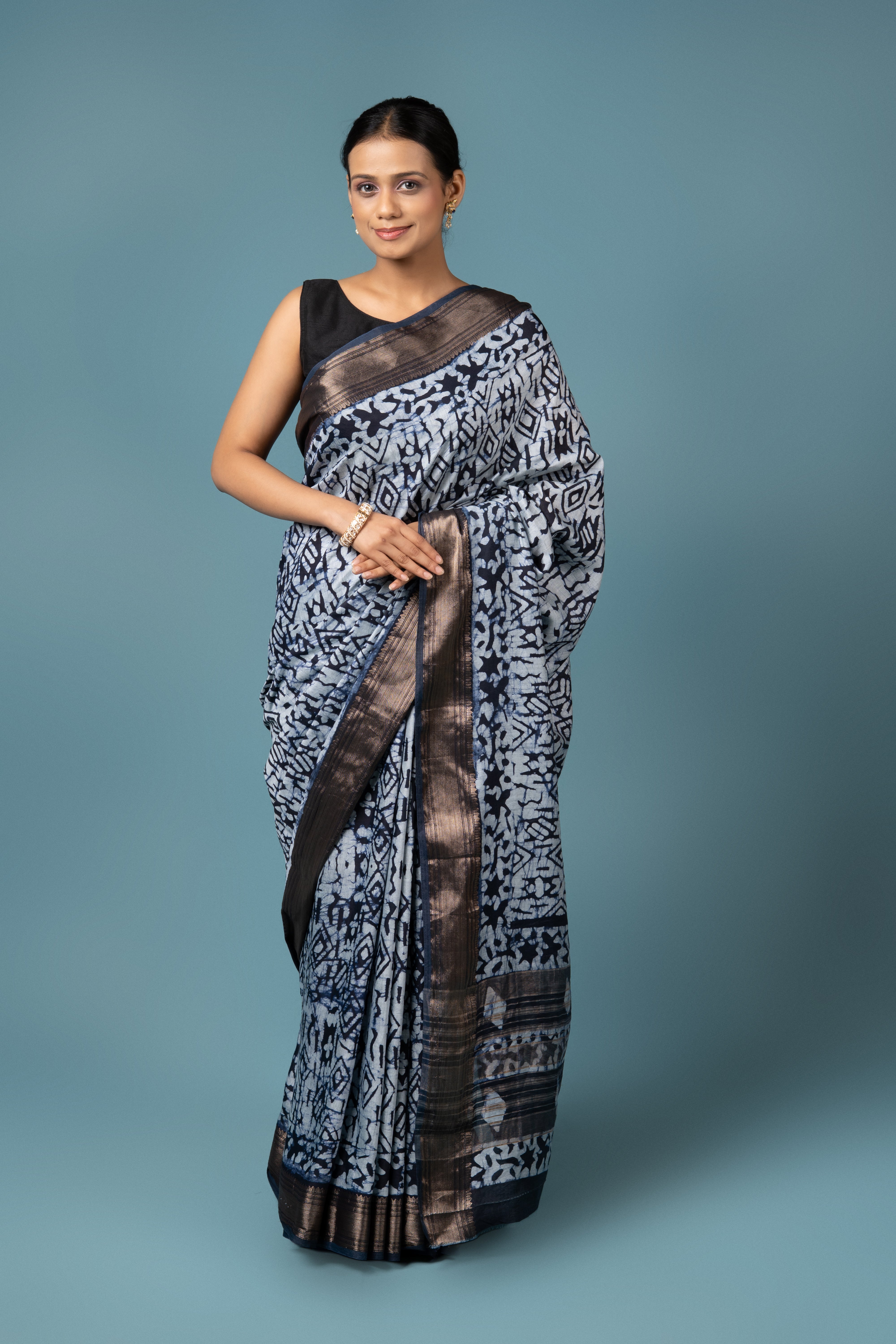 White Cotton Saree With Batik Print