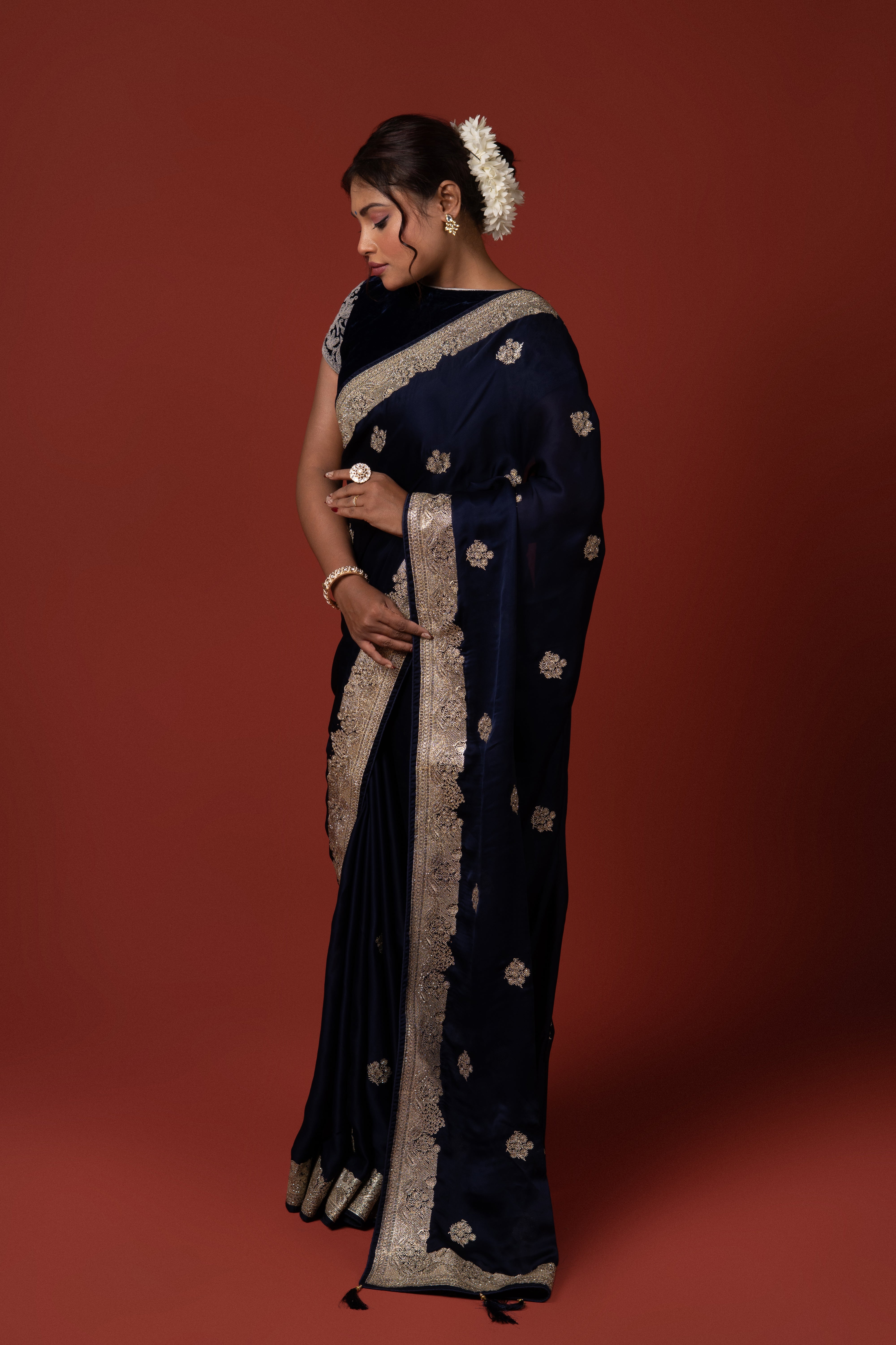 Dark Blue Soft Silk Saree With Stonework