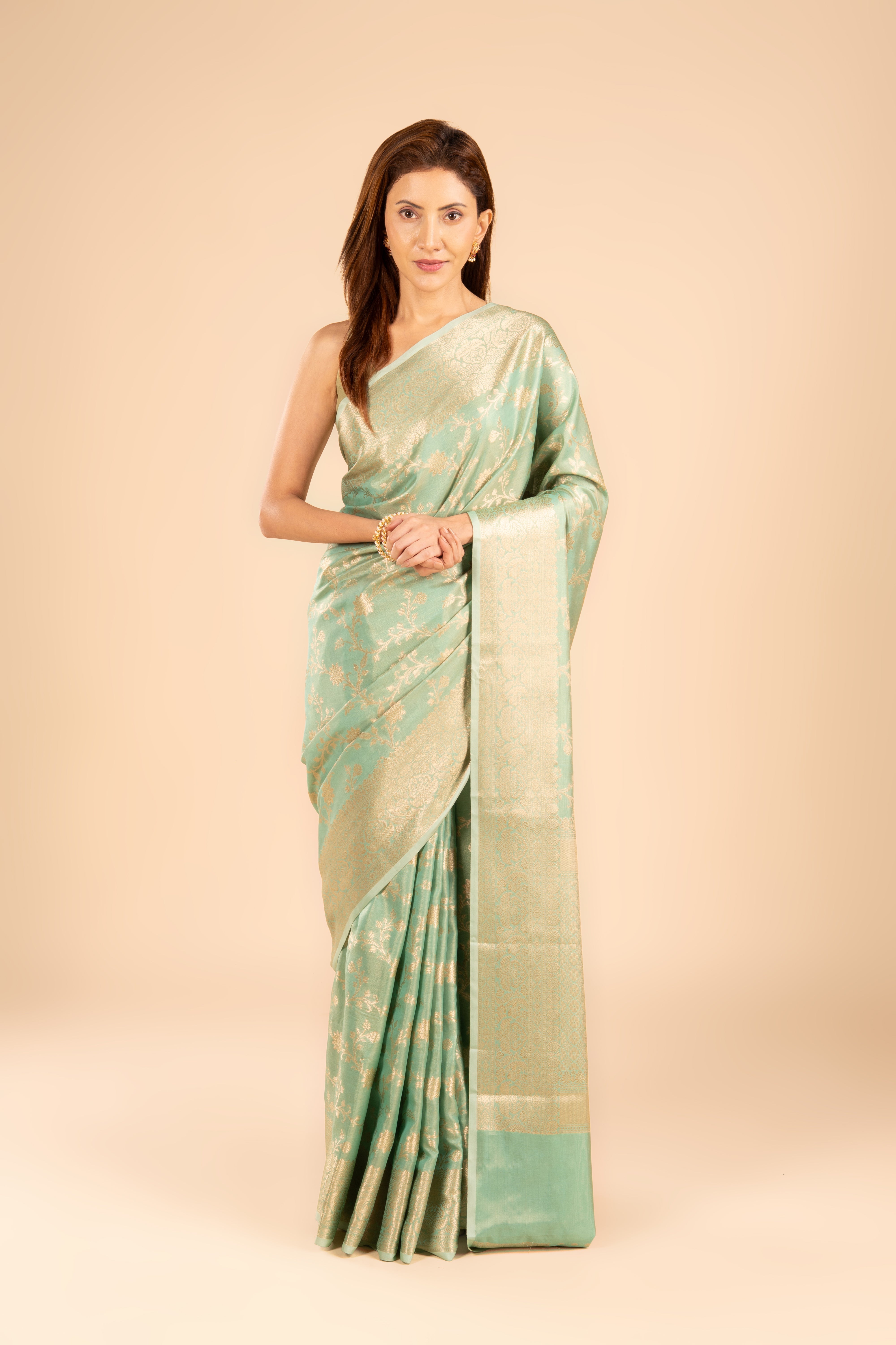 Sea Green Tissue Silk Saree with Jaal pattern