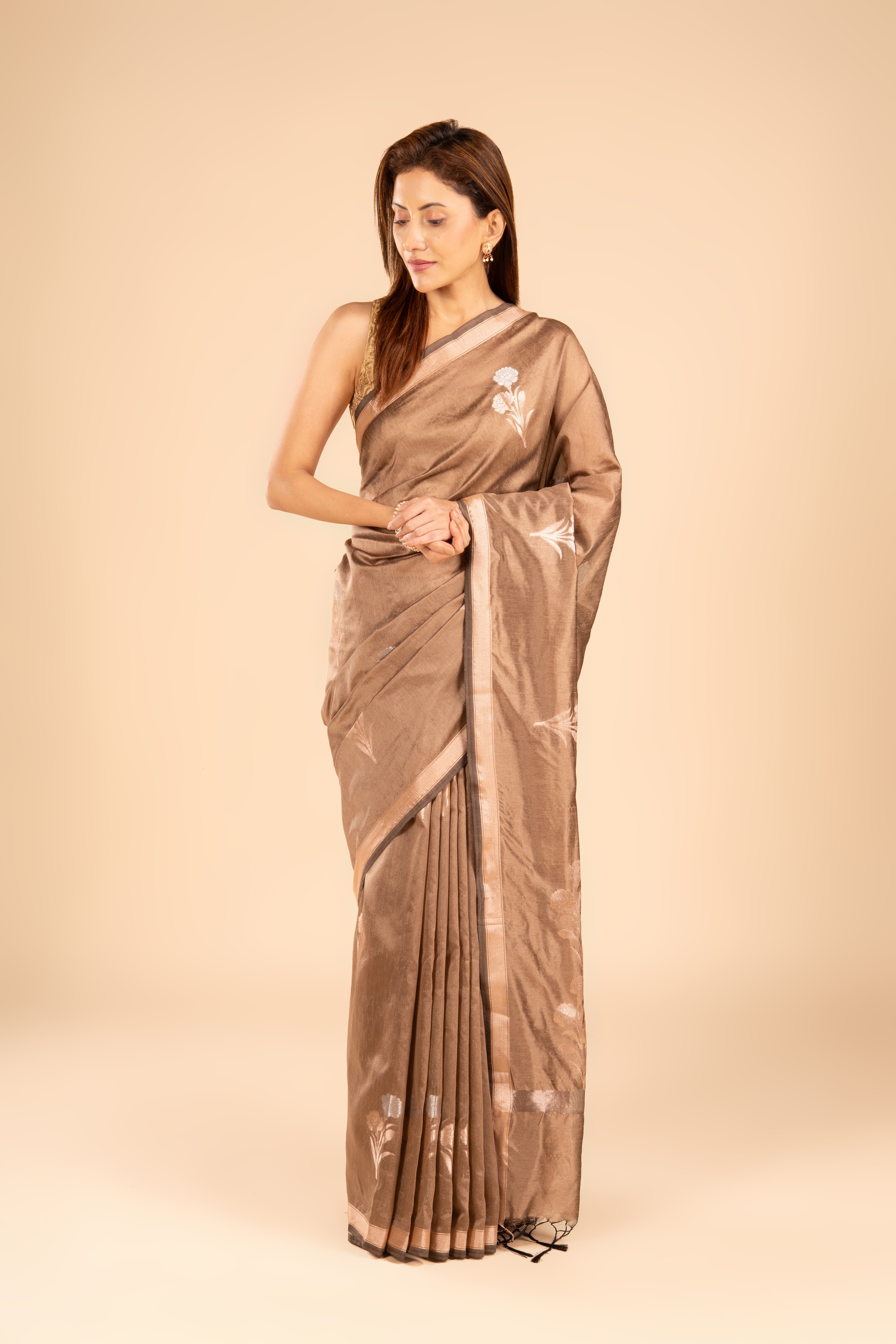Brown Tussar Silk Saree