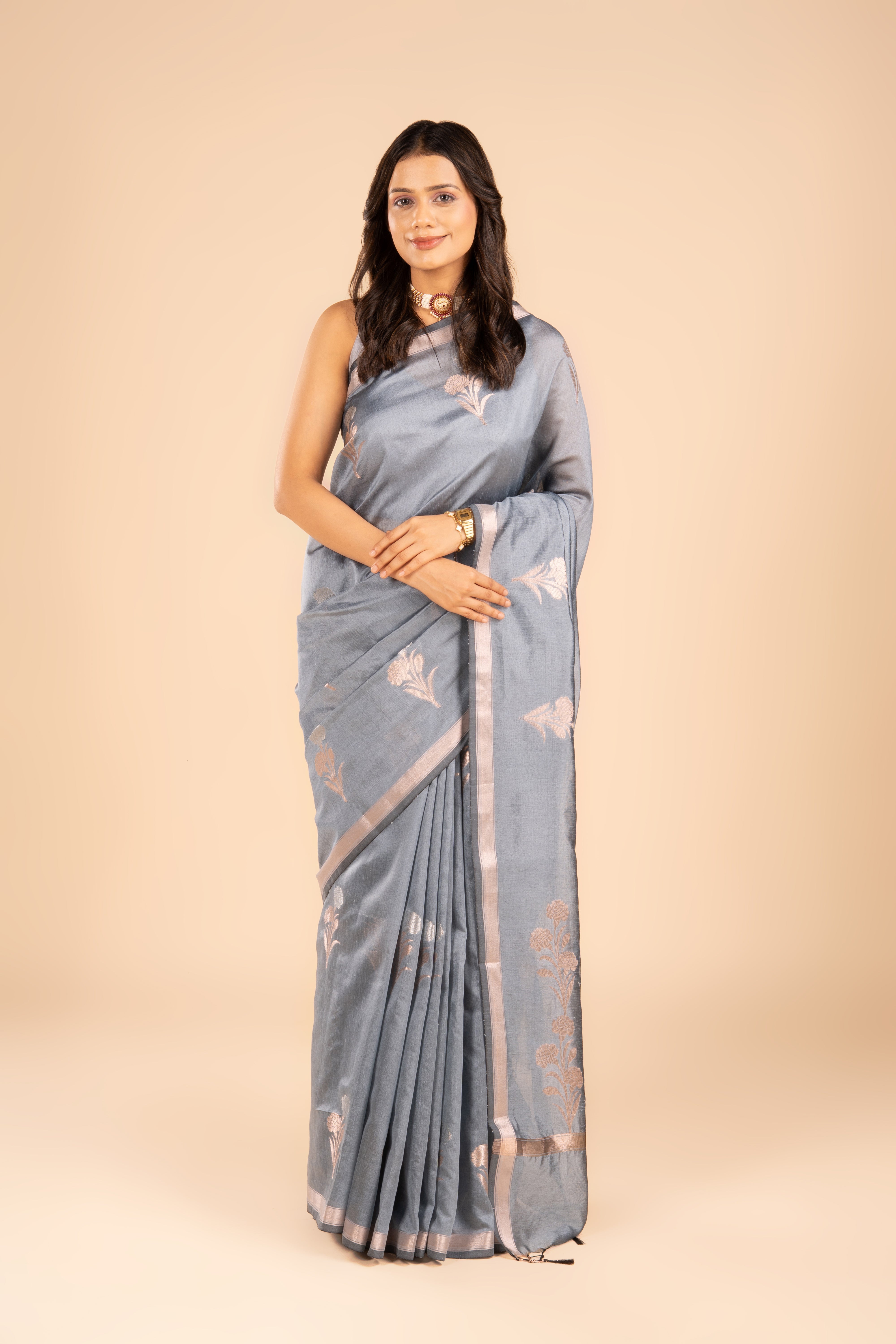 Dusty Blue Tissue Silk Saree