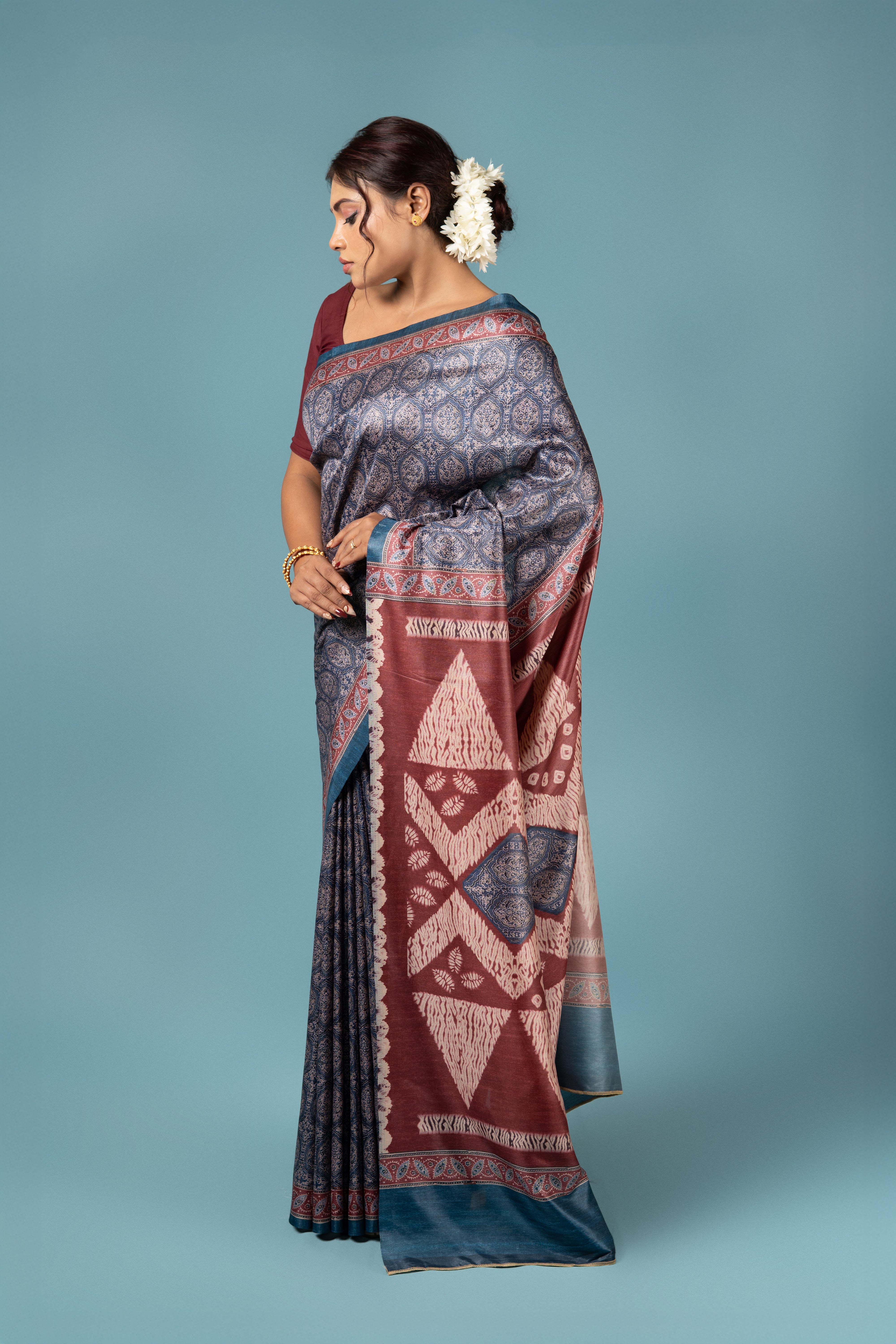 Blue Crepe Saree with Ajrak Print