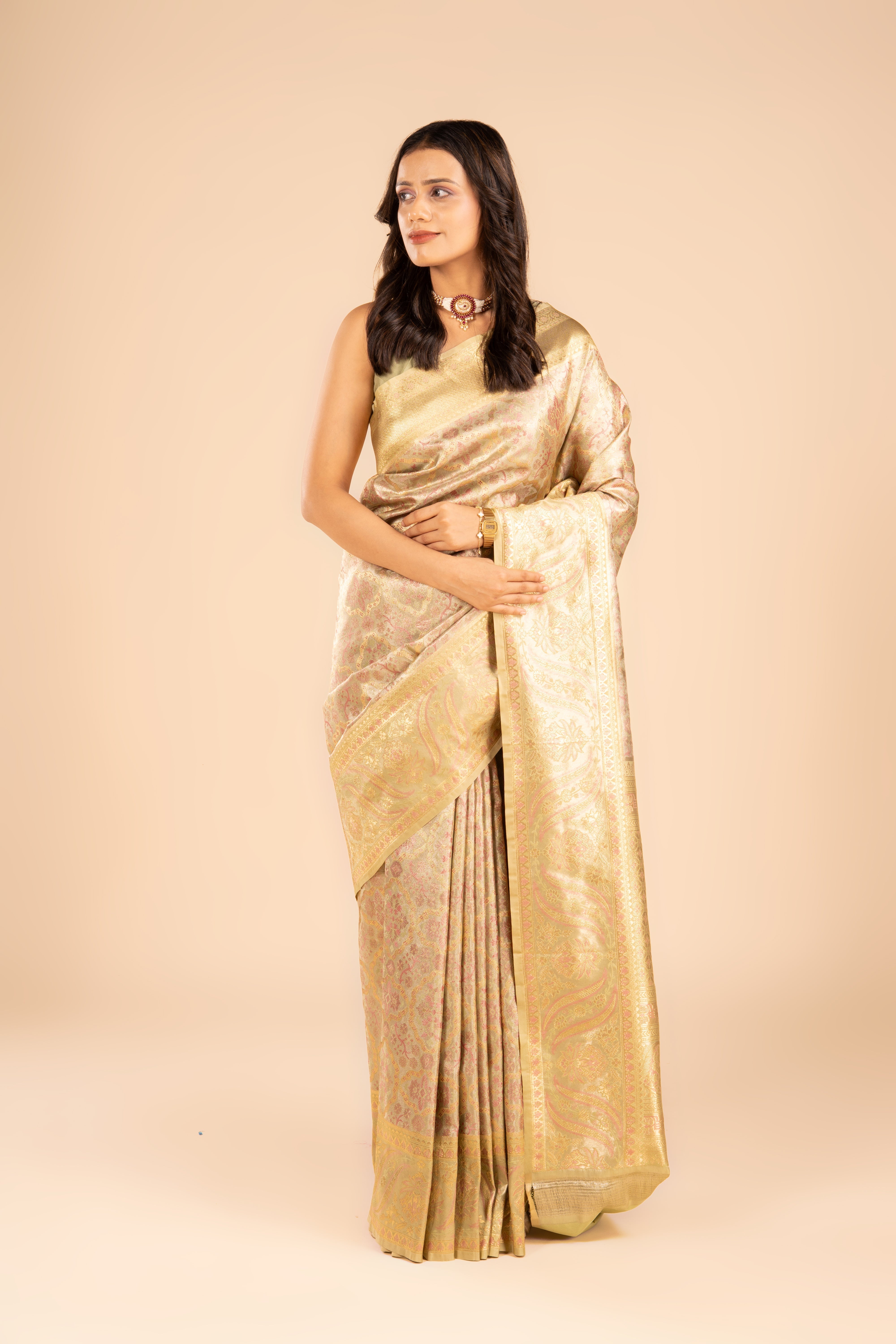 Golden Olive Tissue Silk Brocade Saree