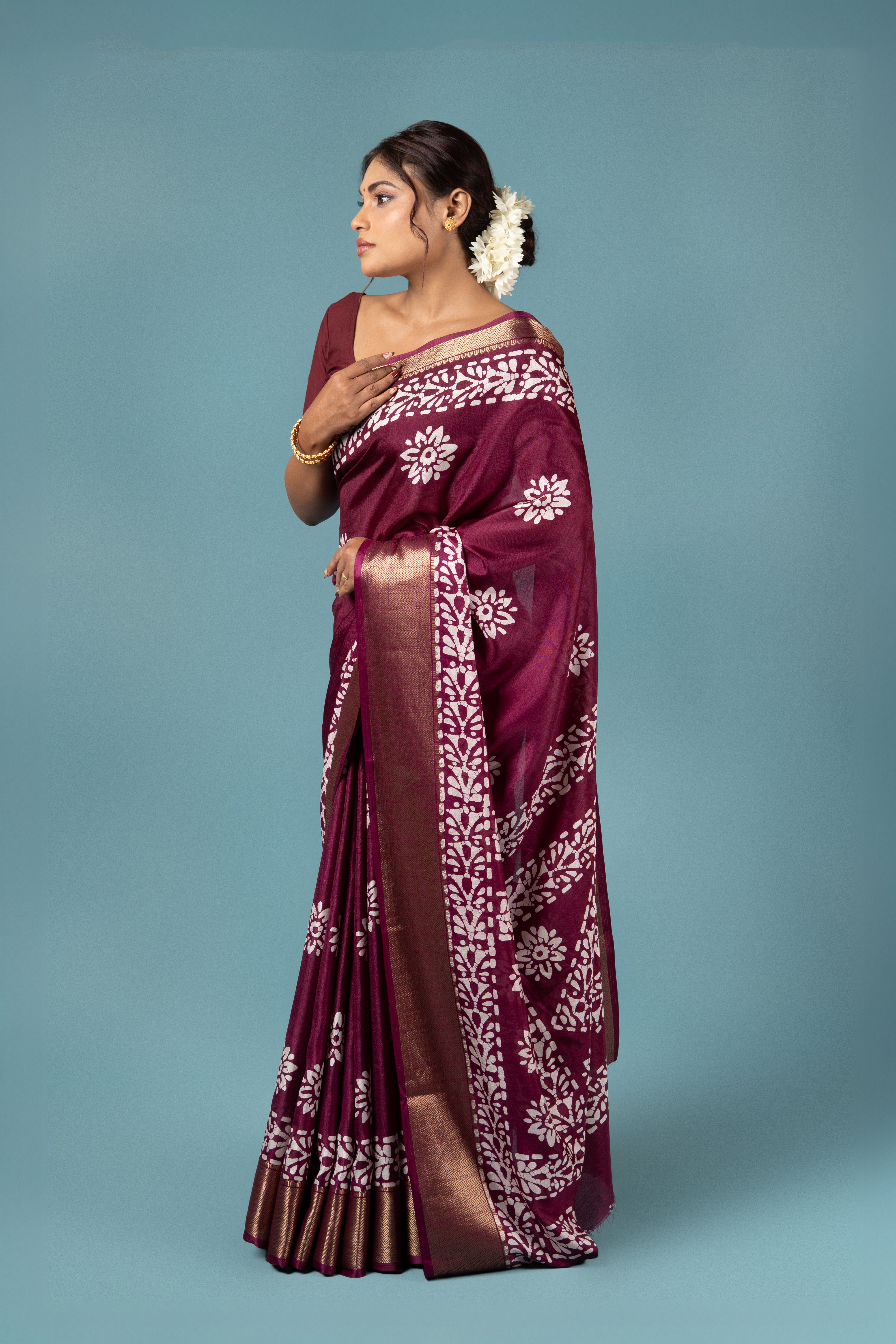 Wine Tussar Silk Saree with Batik Print