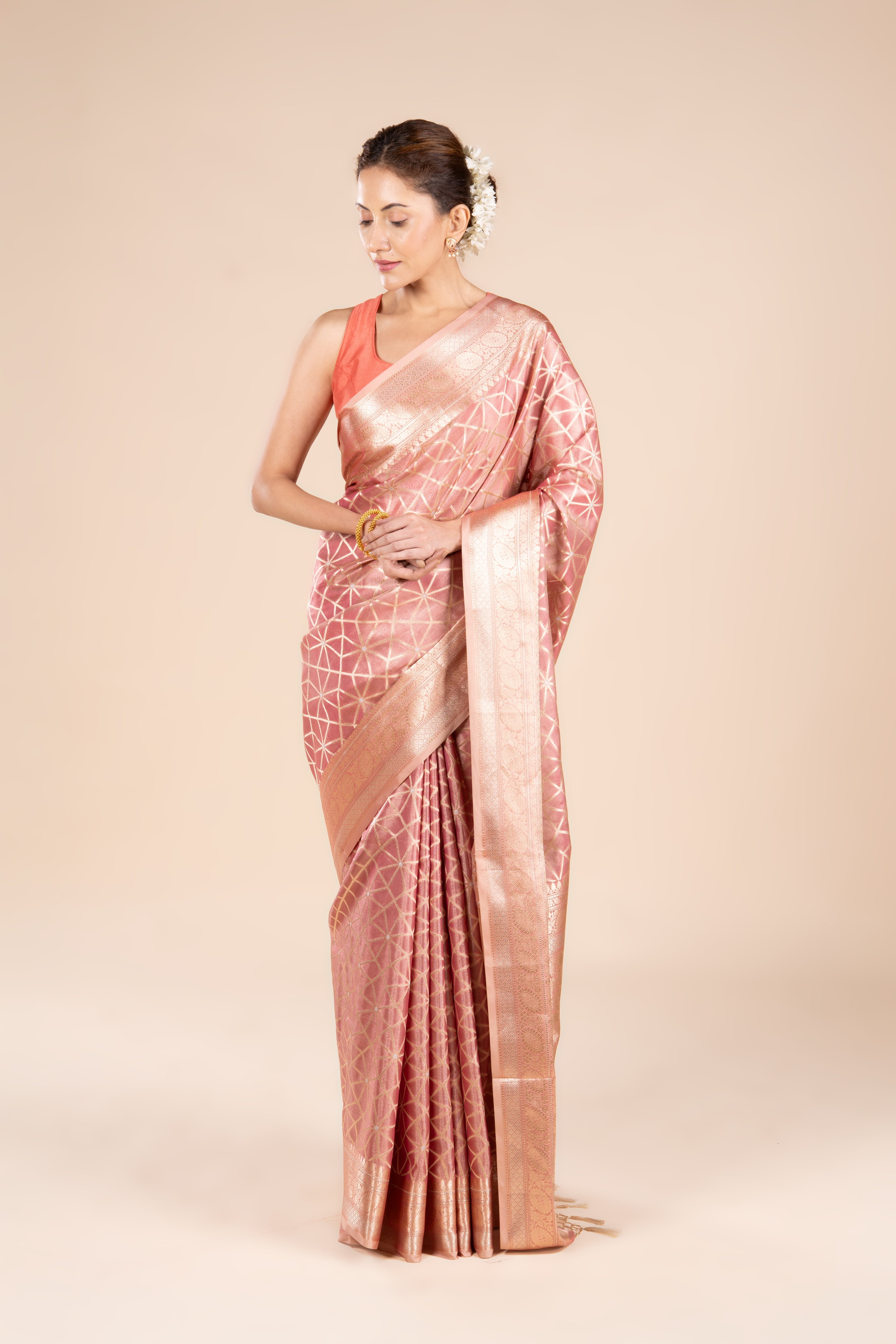Onion Pink Tissue Silk Geometric Saree