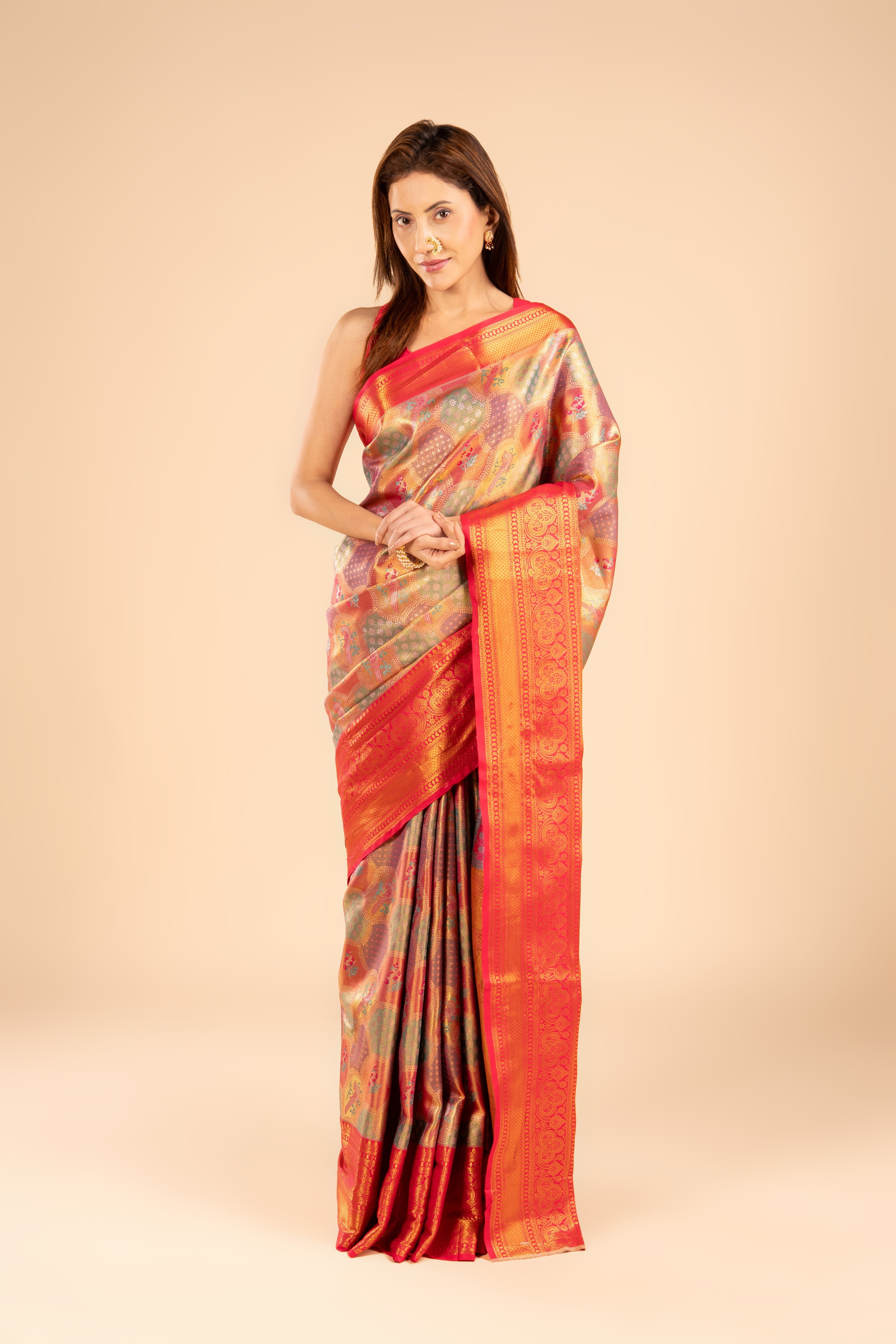 Geometric Tissue Silk Saree with Red border