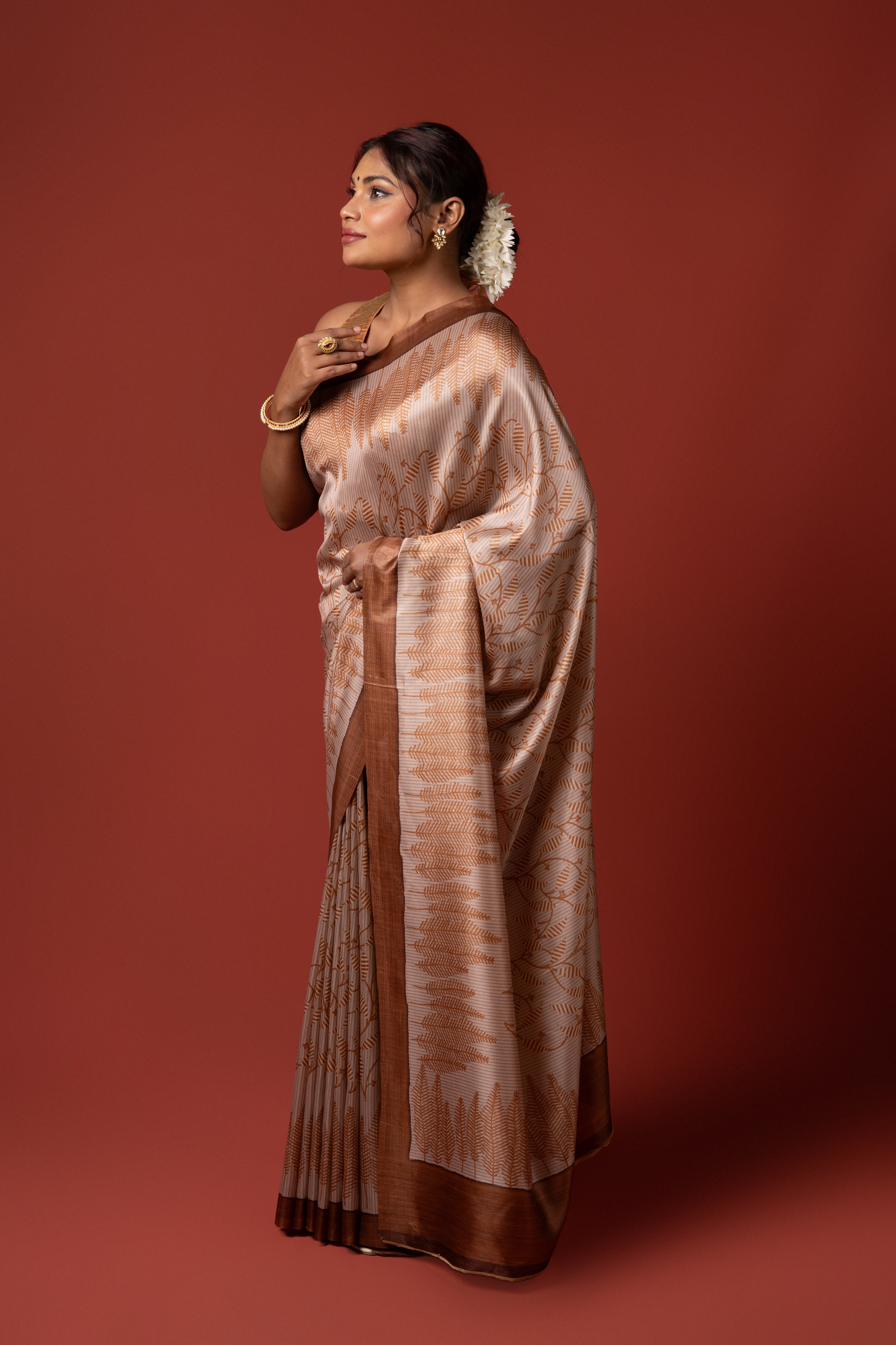 Beige And Mustard Crepe Silk Saree