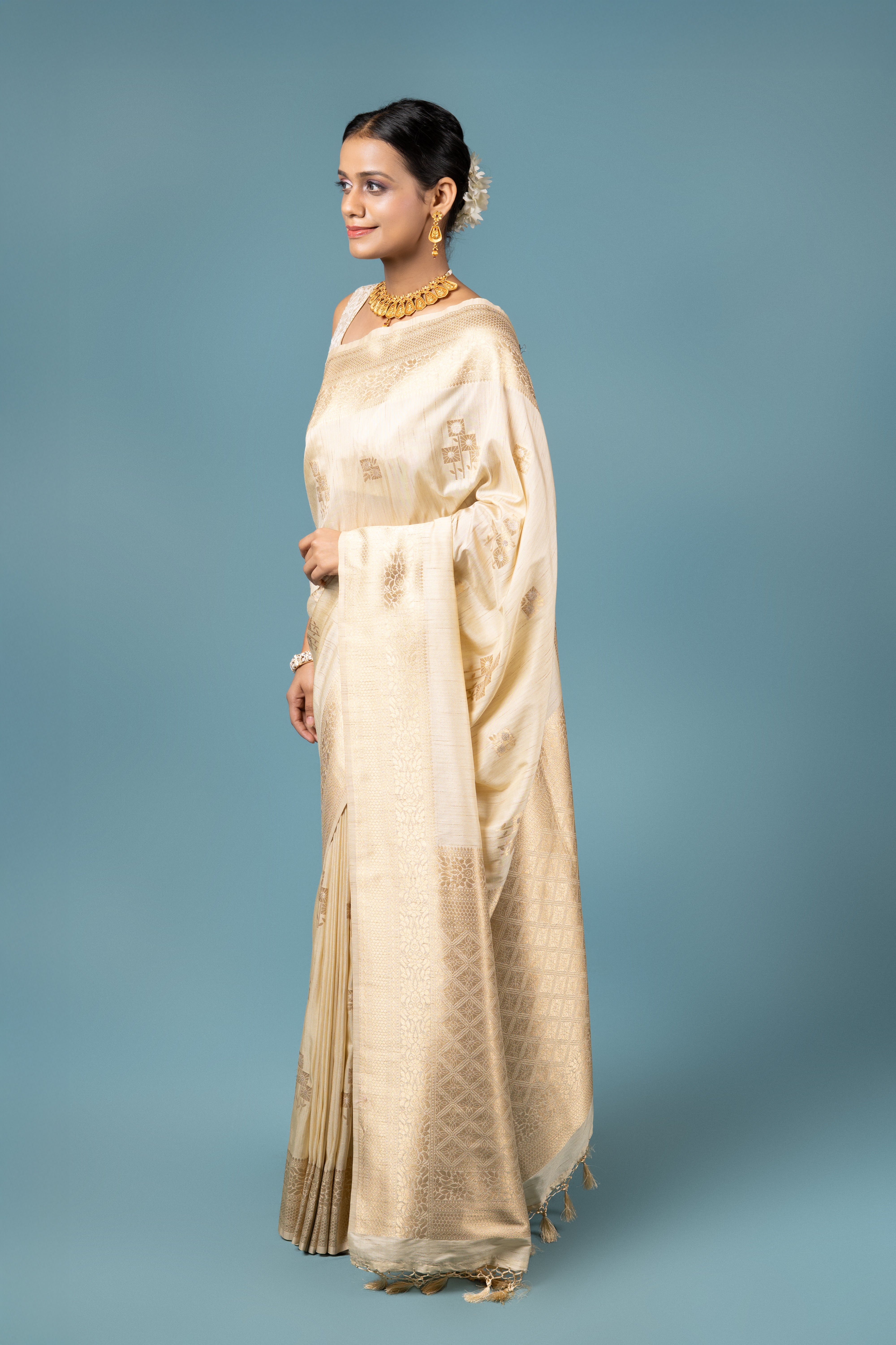Cream Silk Linen Saree