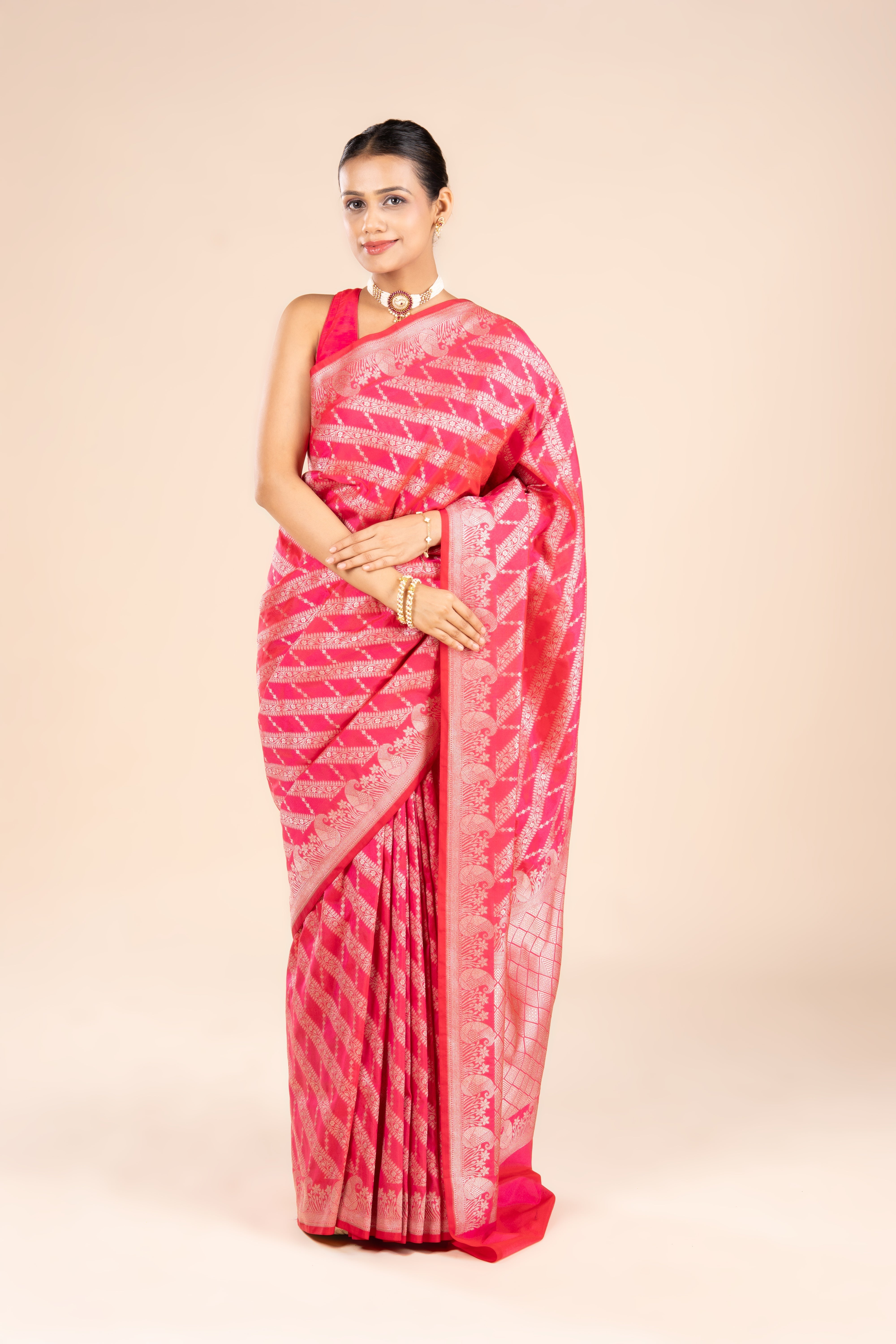 Rani Pink Katan Silk Banarasi Saree with Leheriya Pattern