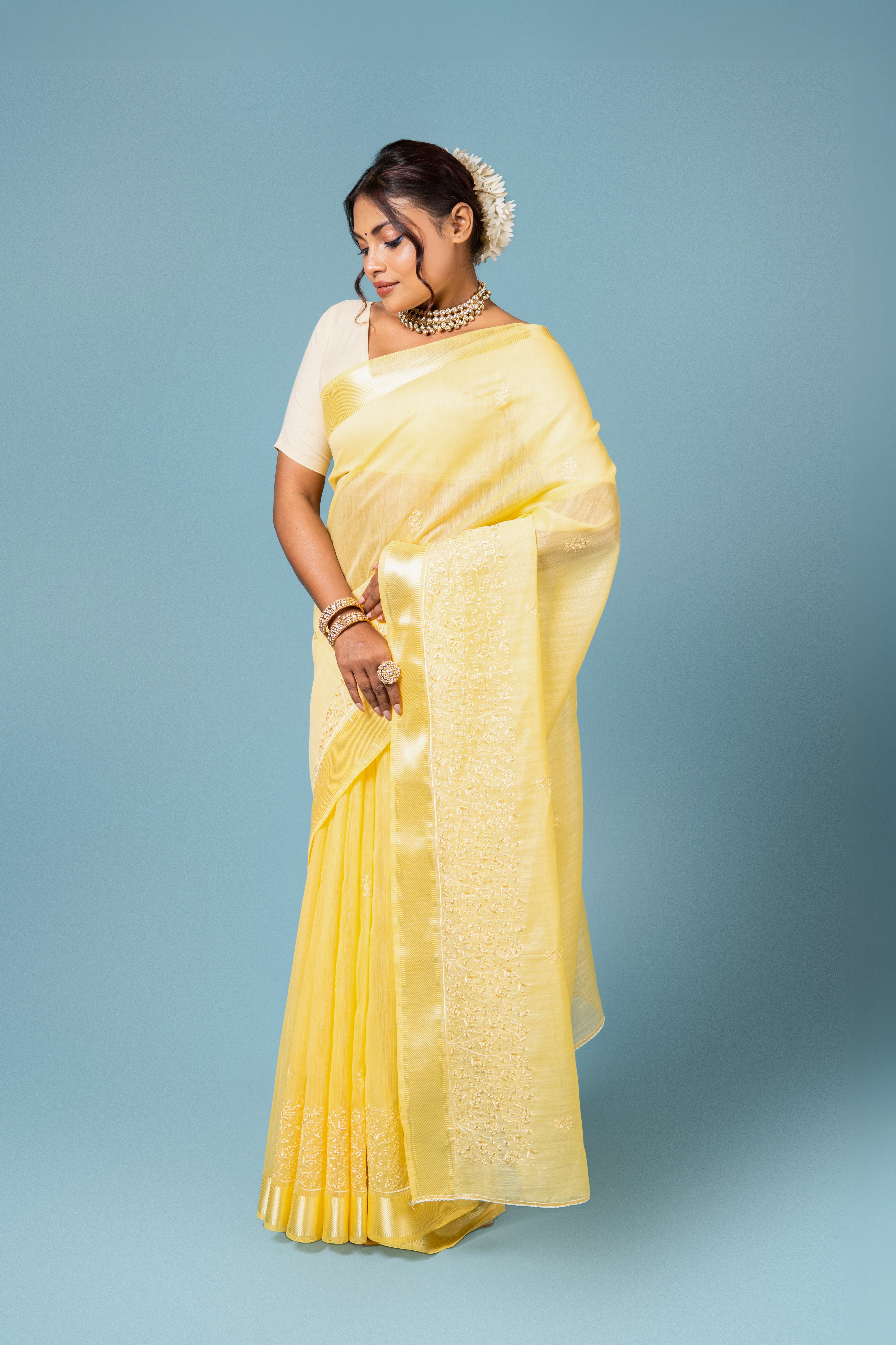 Yellow Cotton Saree with Thread Work