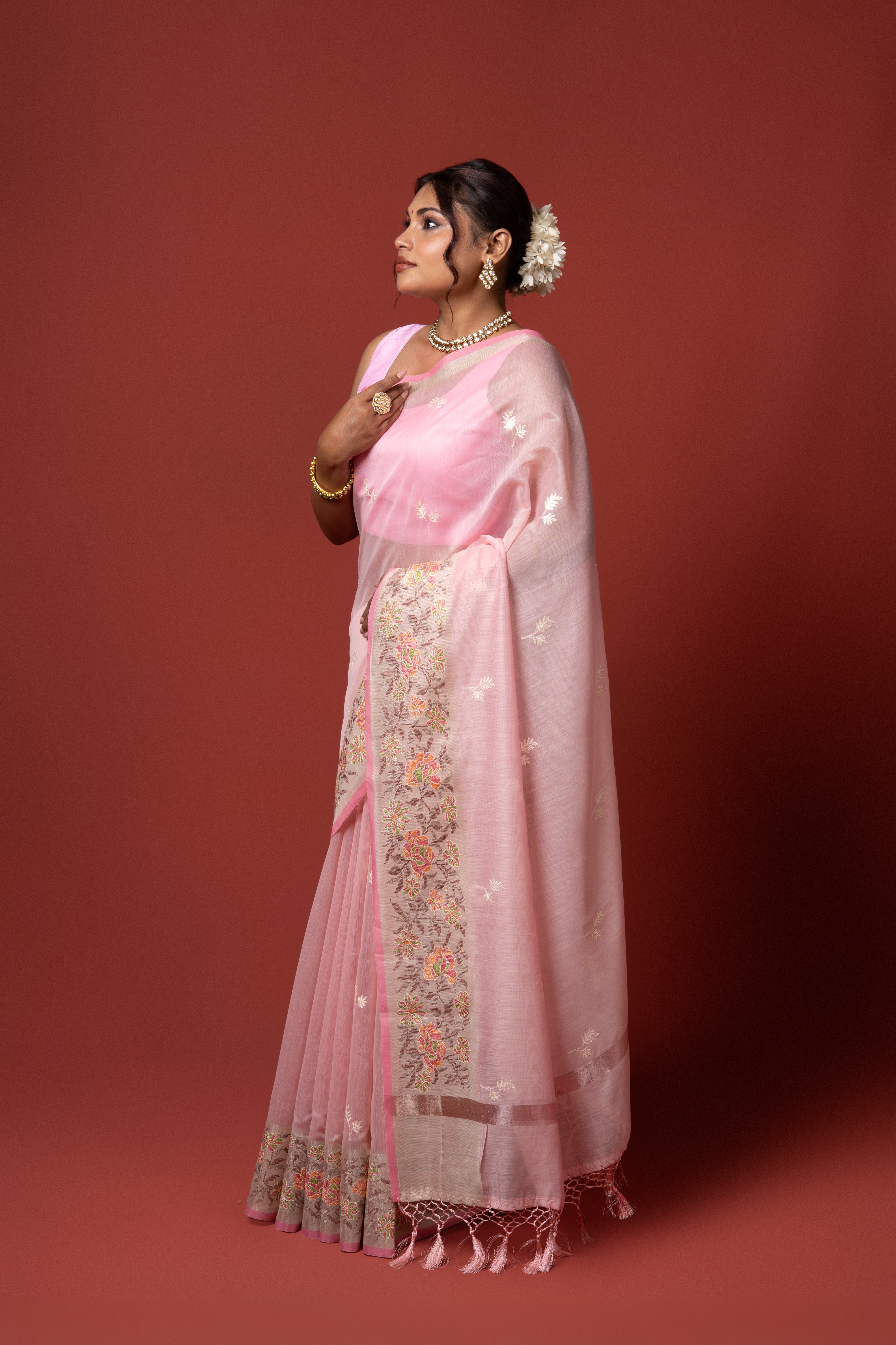 Pastel Pink Cotton Saree with Thread Work