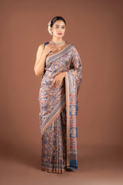 Blue Dupion Silk Saree with Floral Print