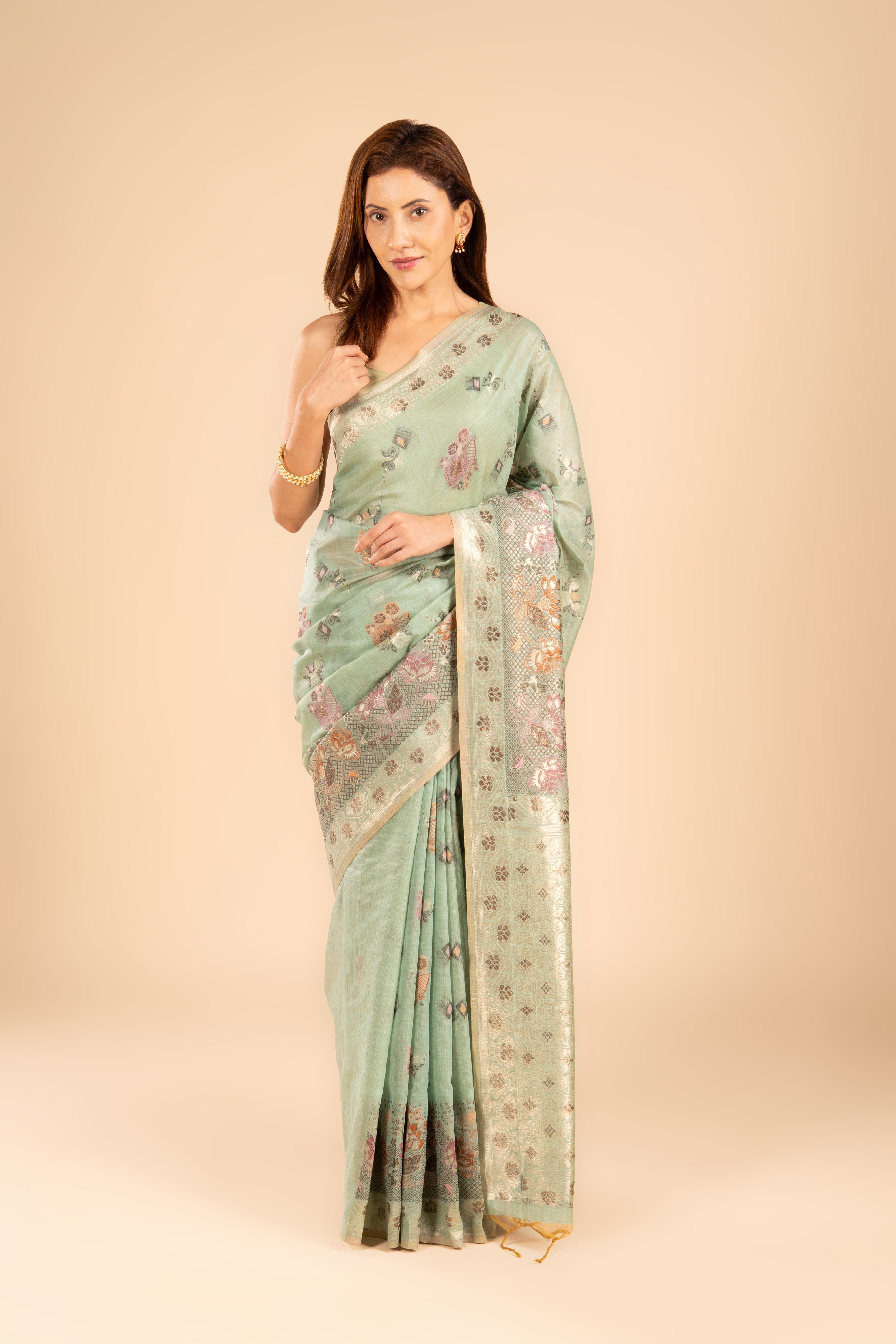 Sea Green Silk Linen Saree