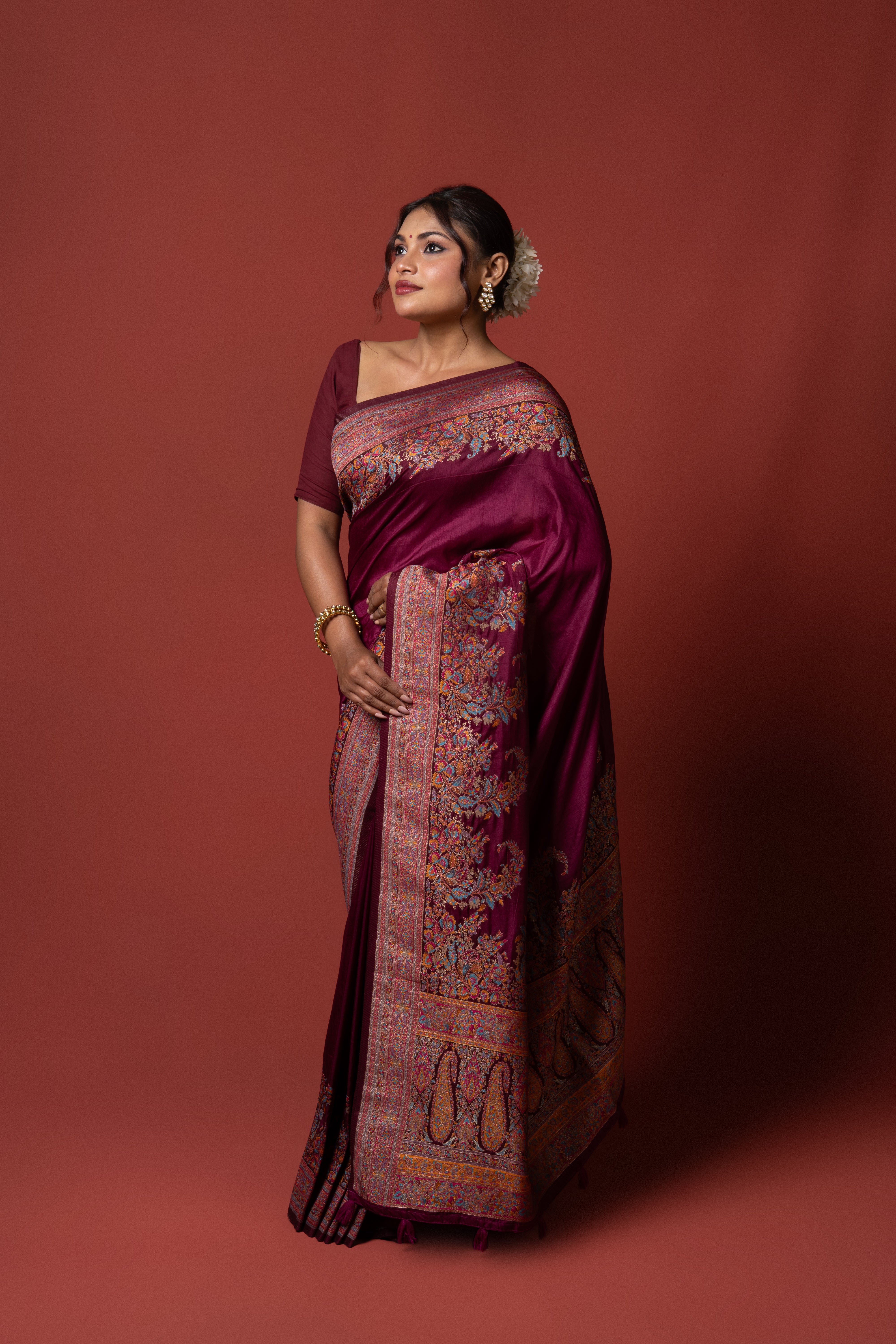 Purple Dola Silk Saree with Kalamkari Thread Work