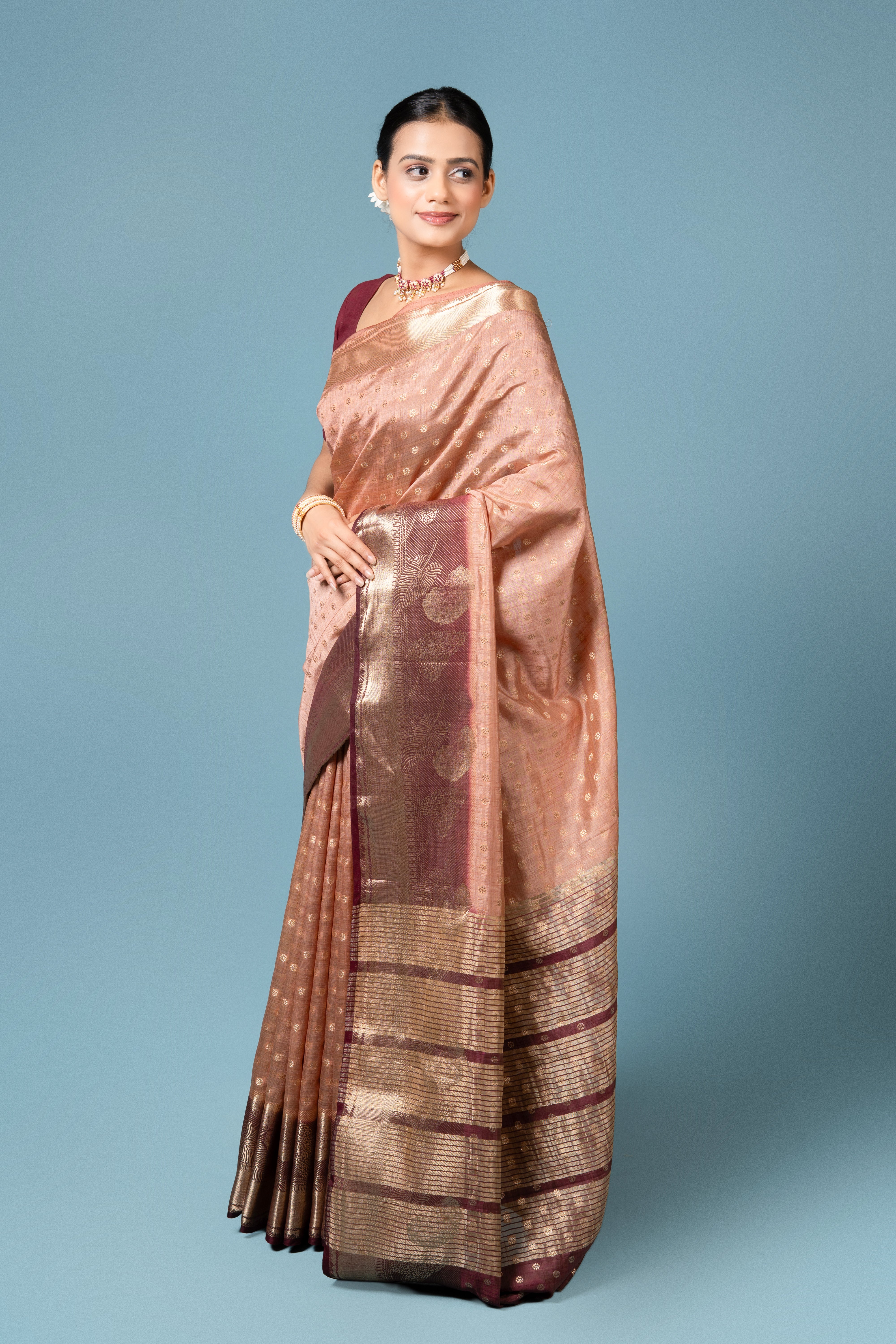 Warm Pink Tussar Silk Saree