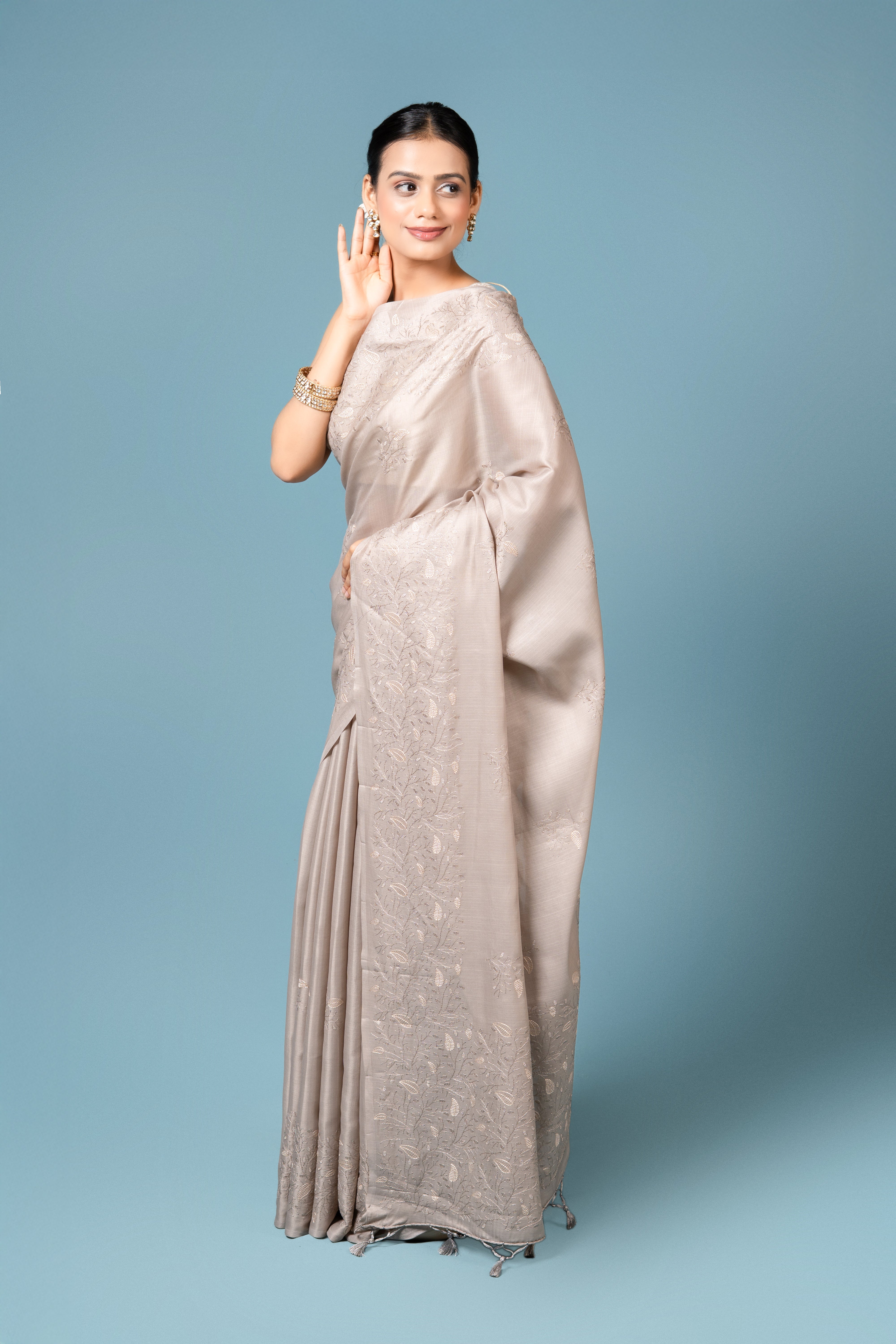 Steel Grey Tussar Silk Saree