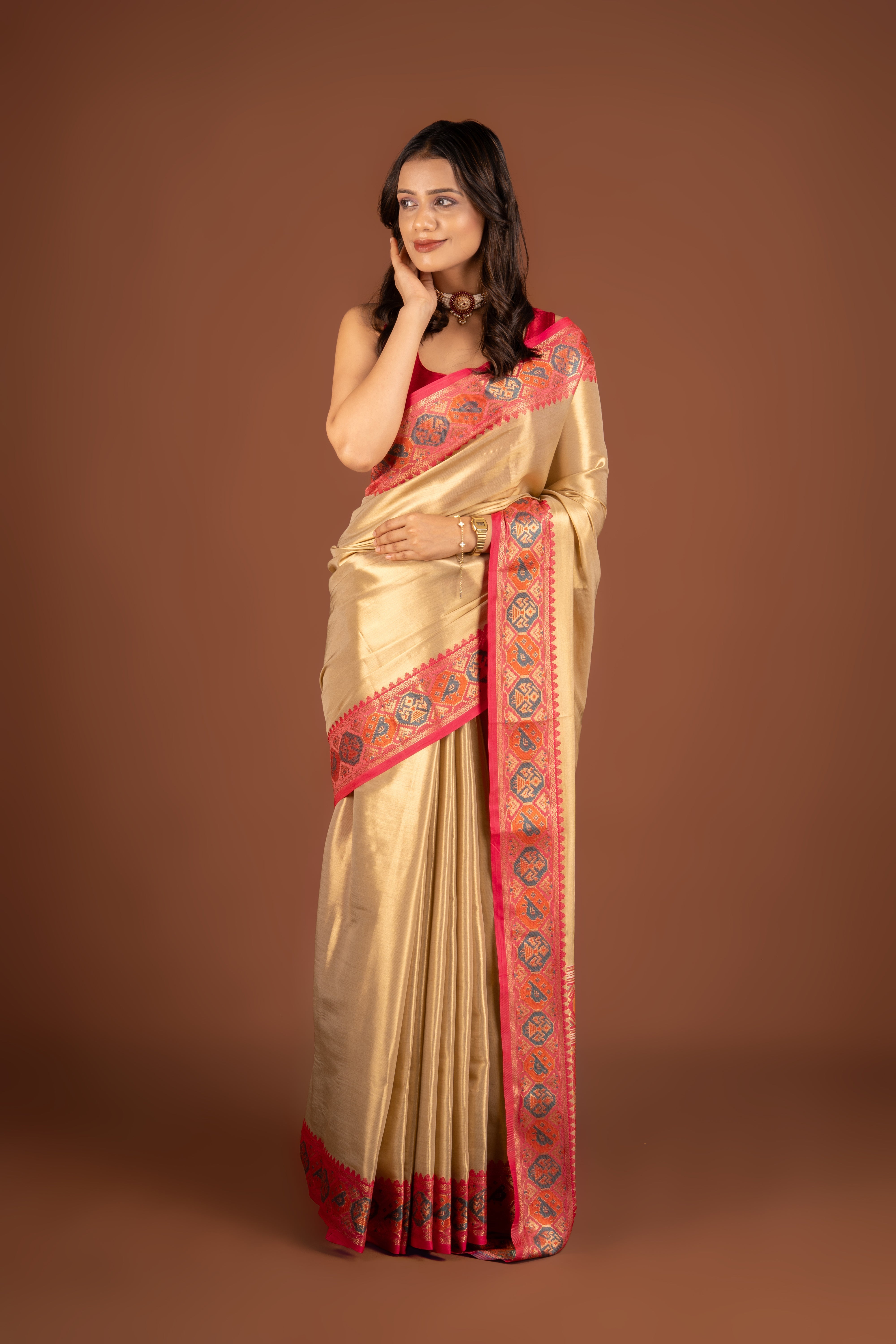 Cream Tissue Silk Patola Saree