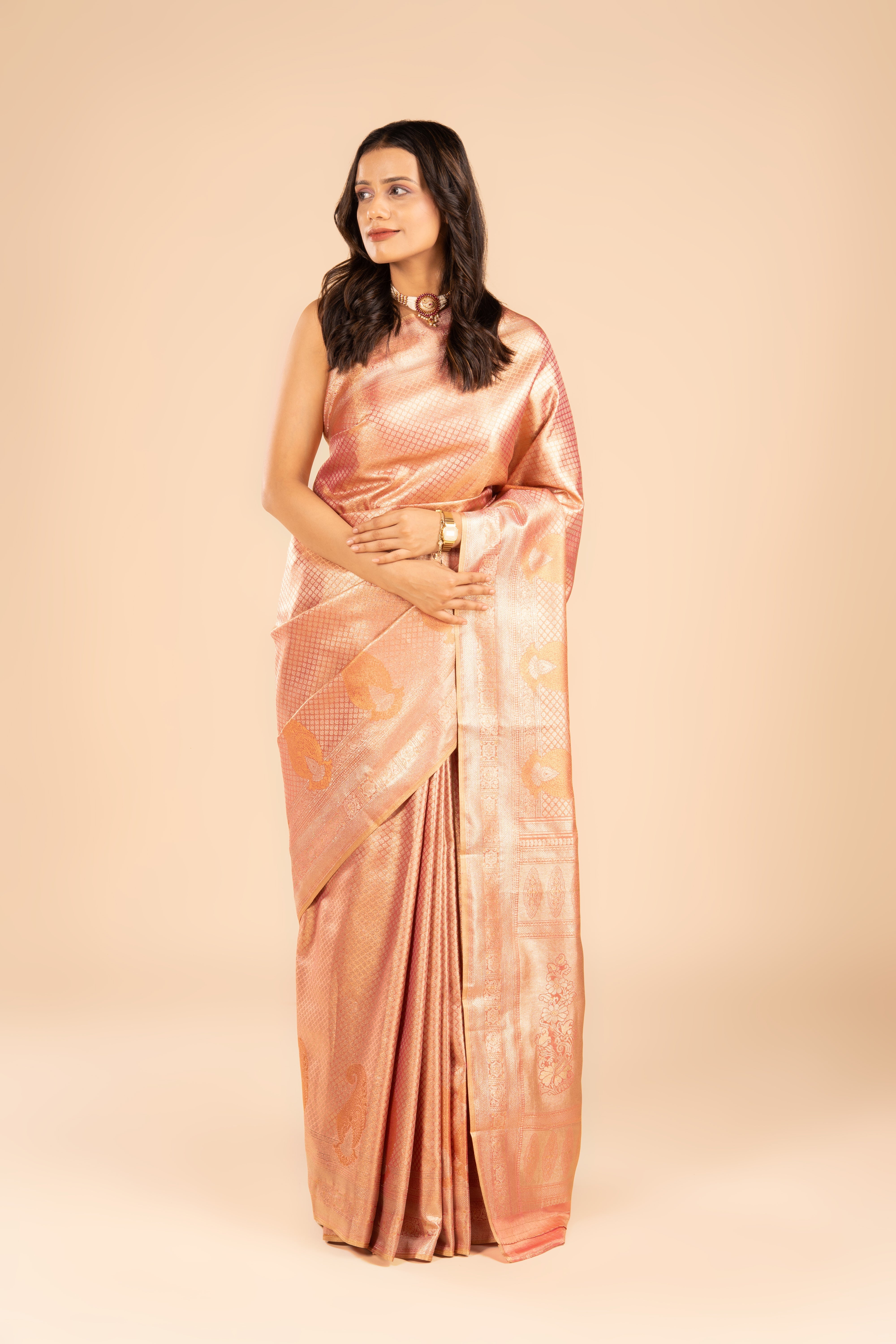 Rose Gold Tissue Silk Brocade Saree