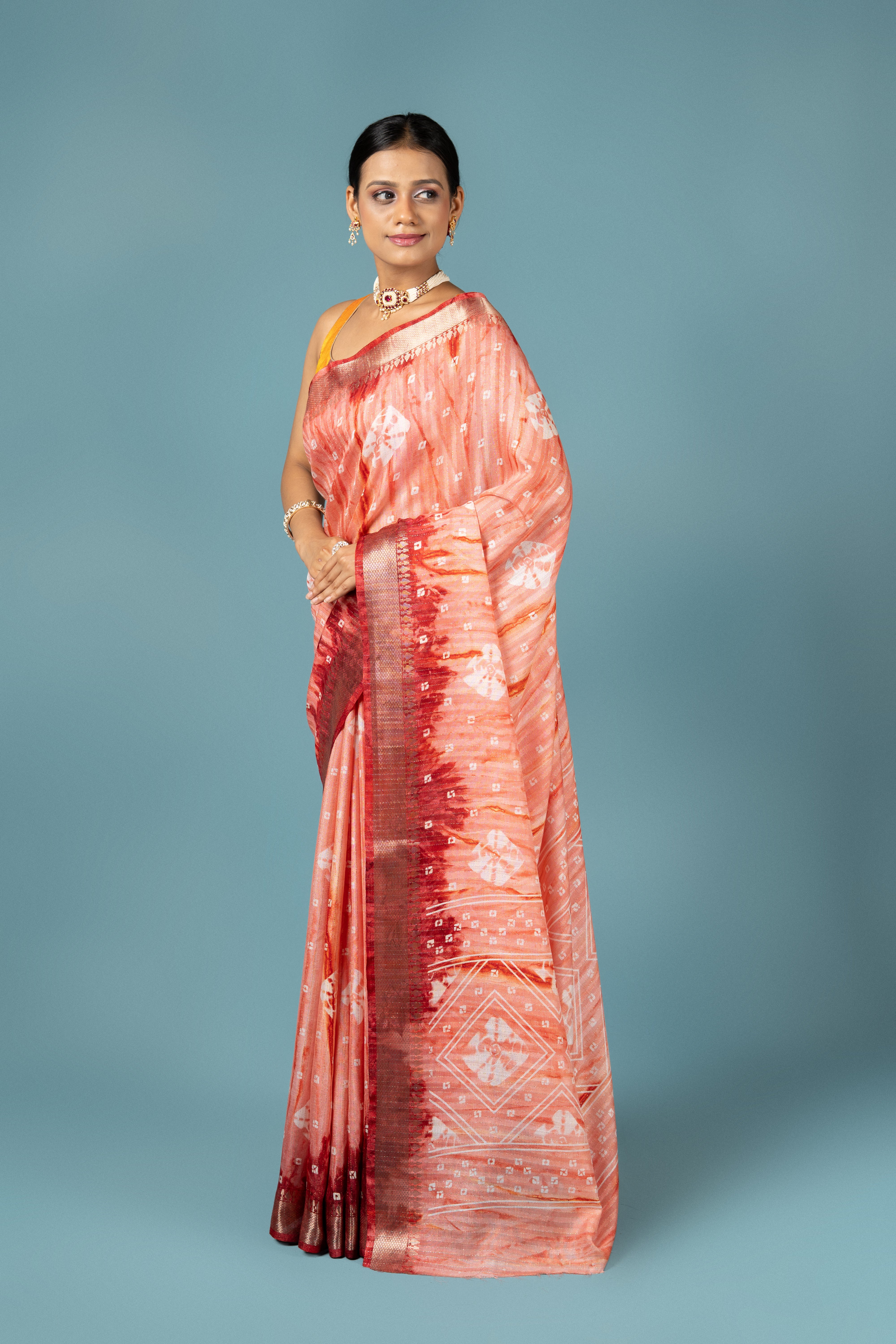 Peach Dola Silk Saree With Bandini Print