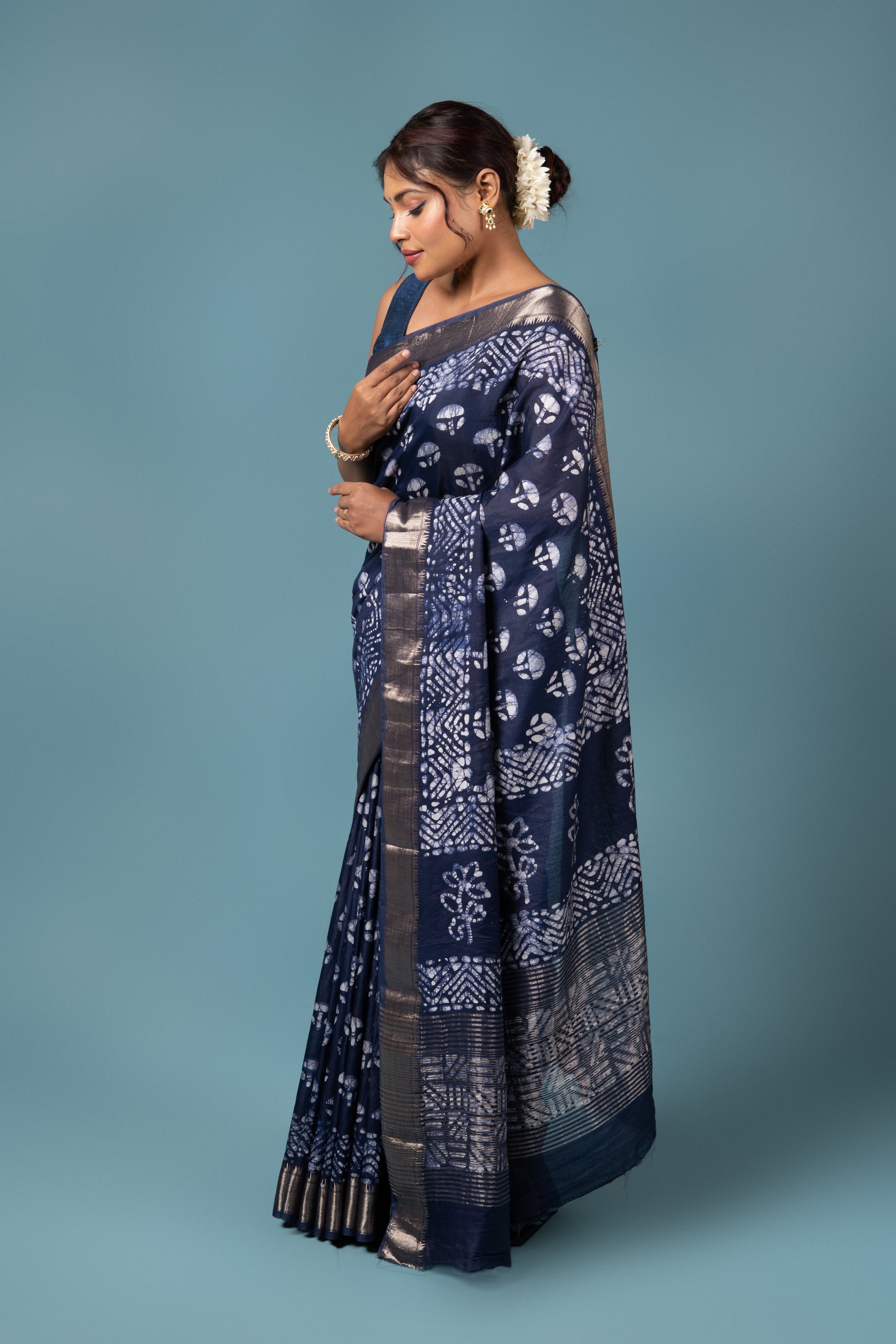 Midnight Blue Cotton Saree with Batik Print