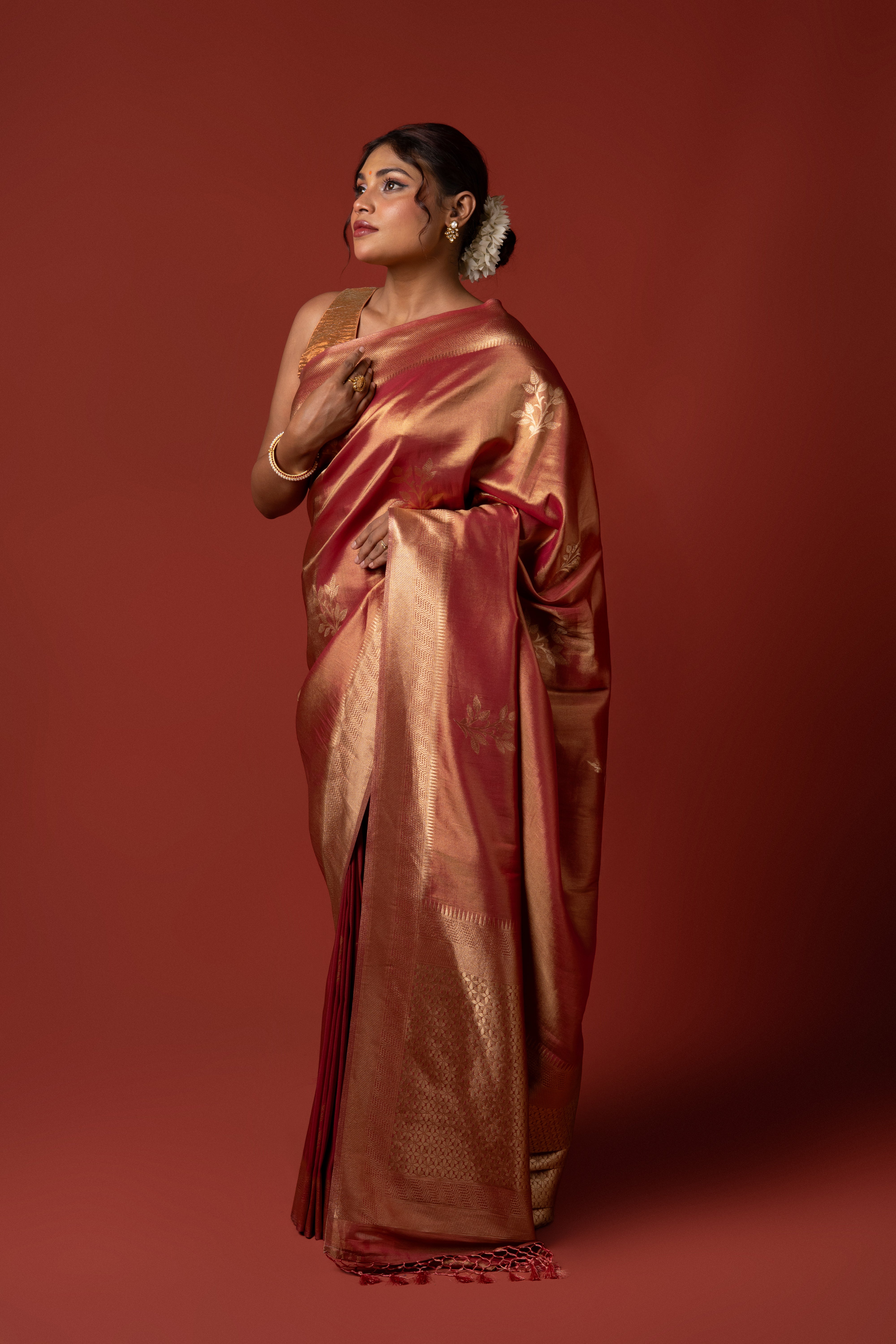 Golden-Peach Tissue Silk Saree