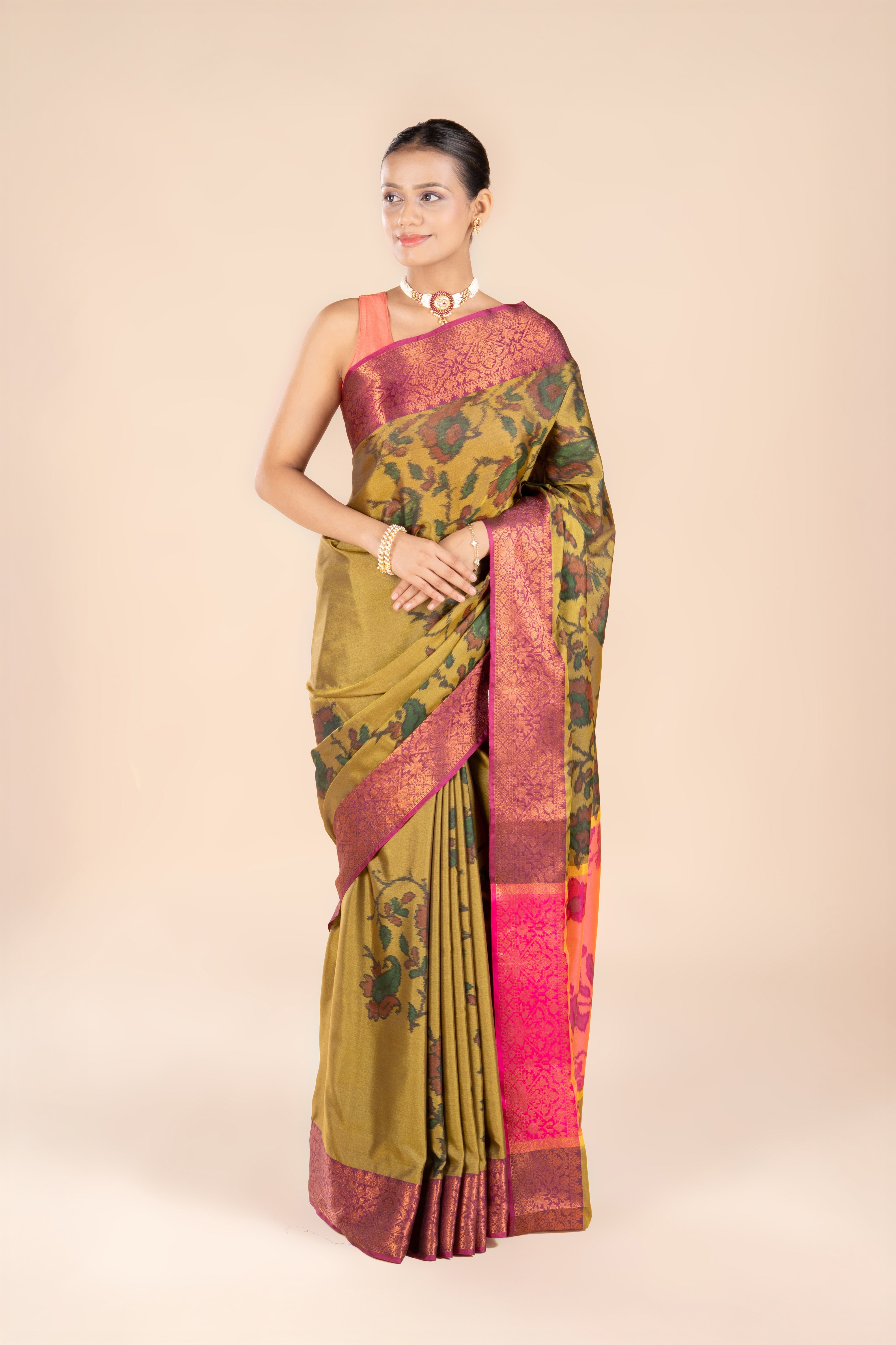 Olive Green Katan Silk Patola Saree