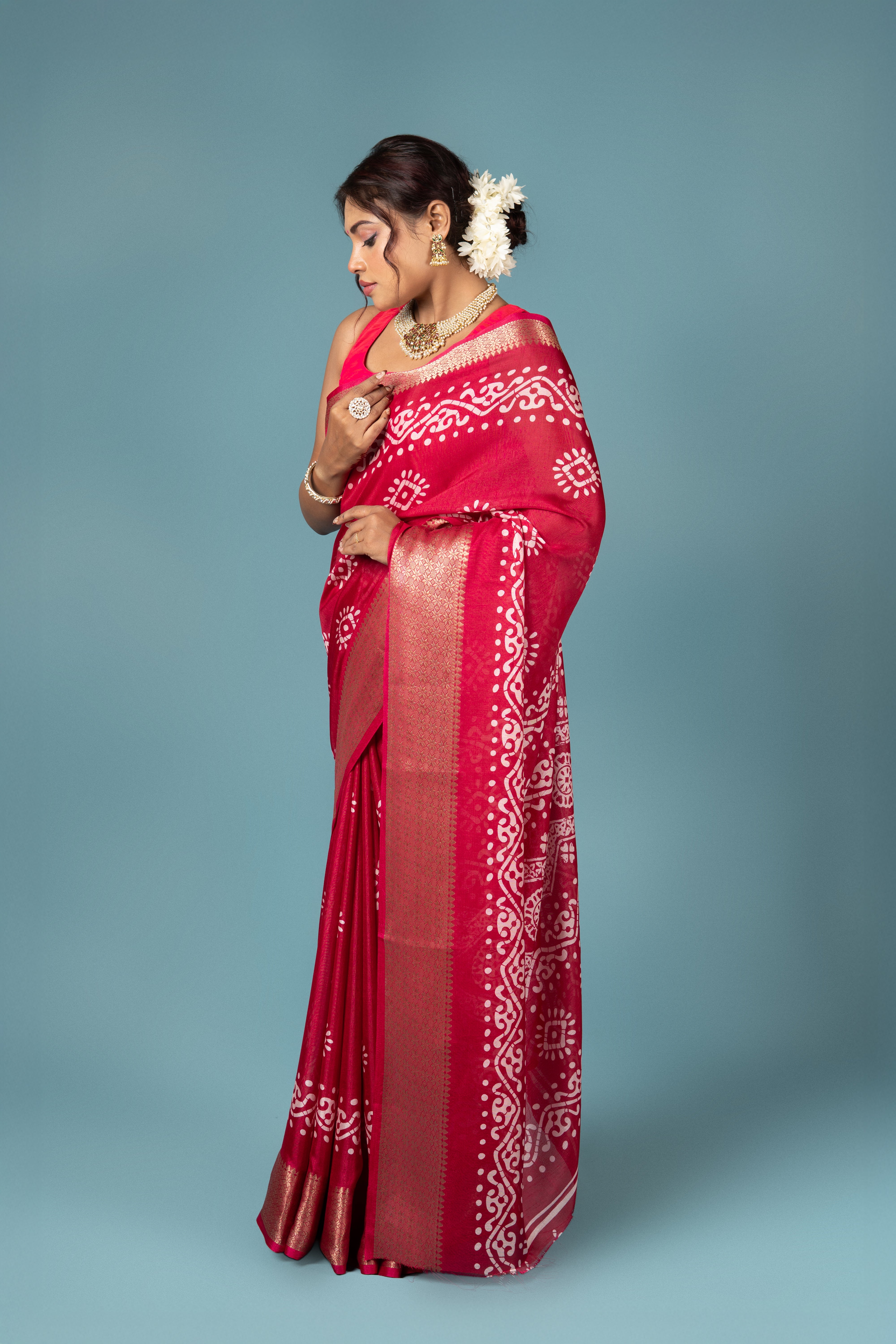 Red Tussar Silk Saree with Batik Print