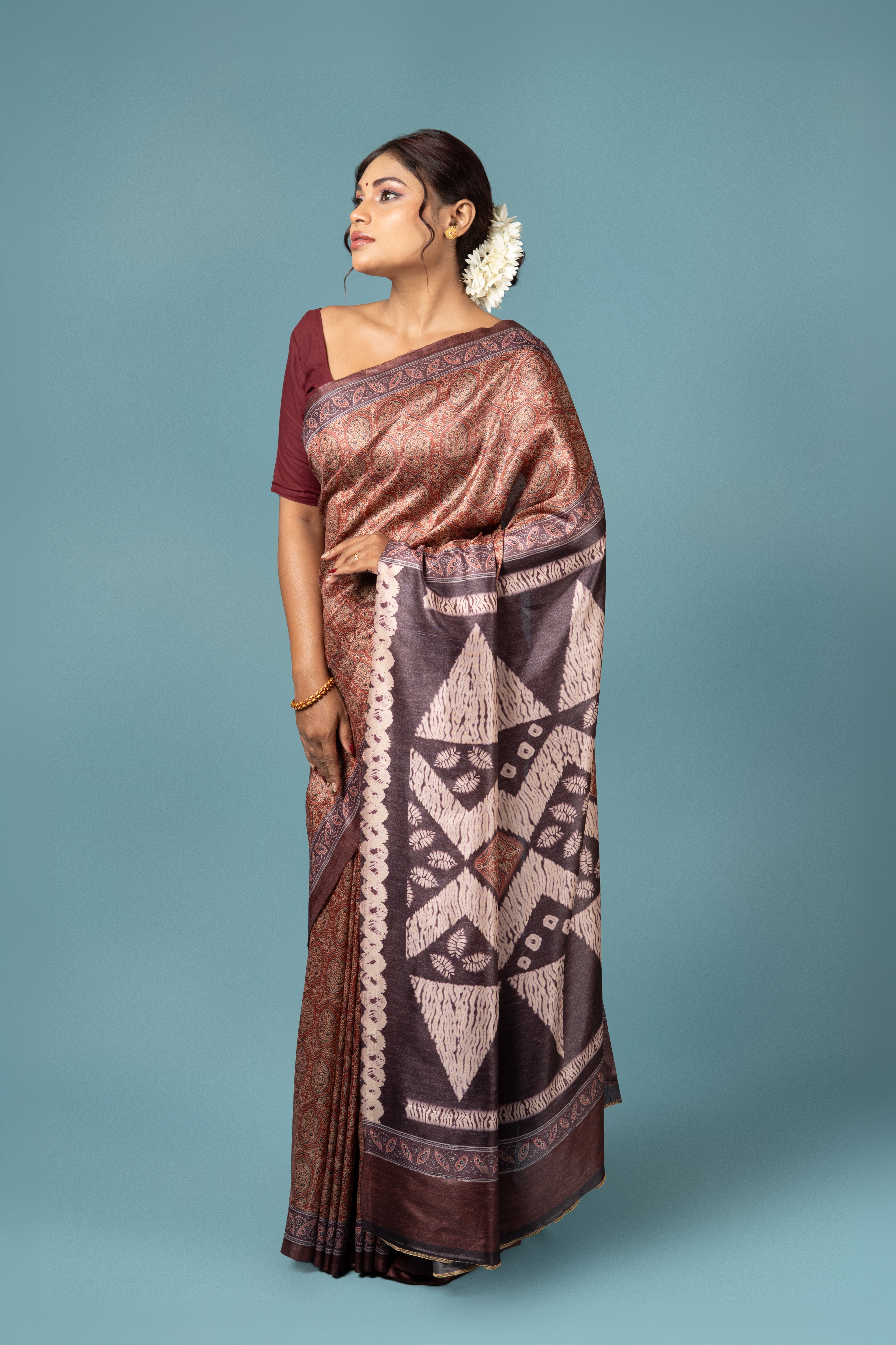 Rust Crepe Saree with Ajrak Print