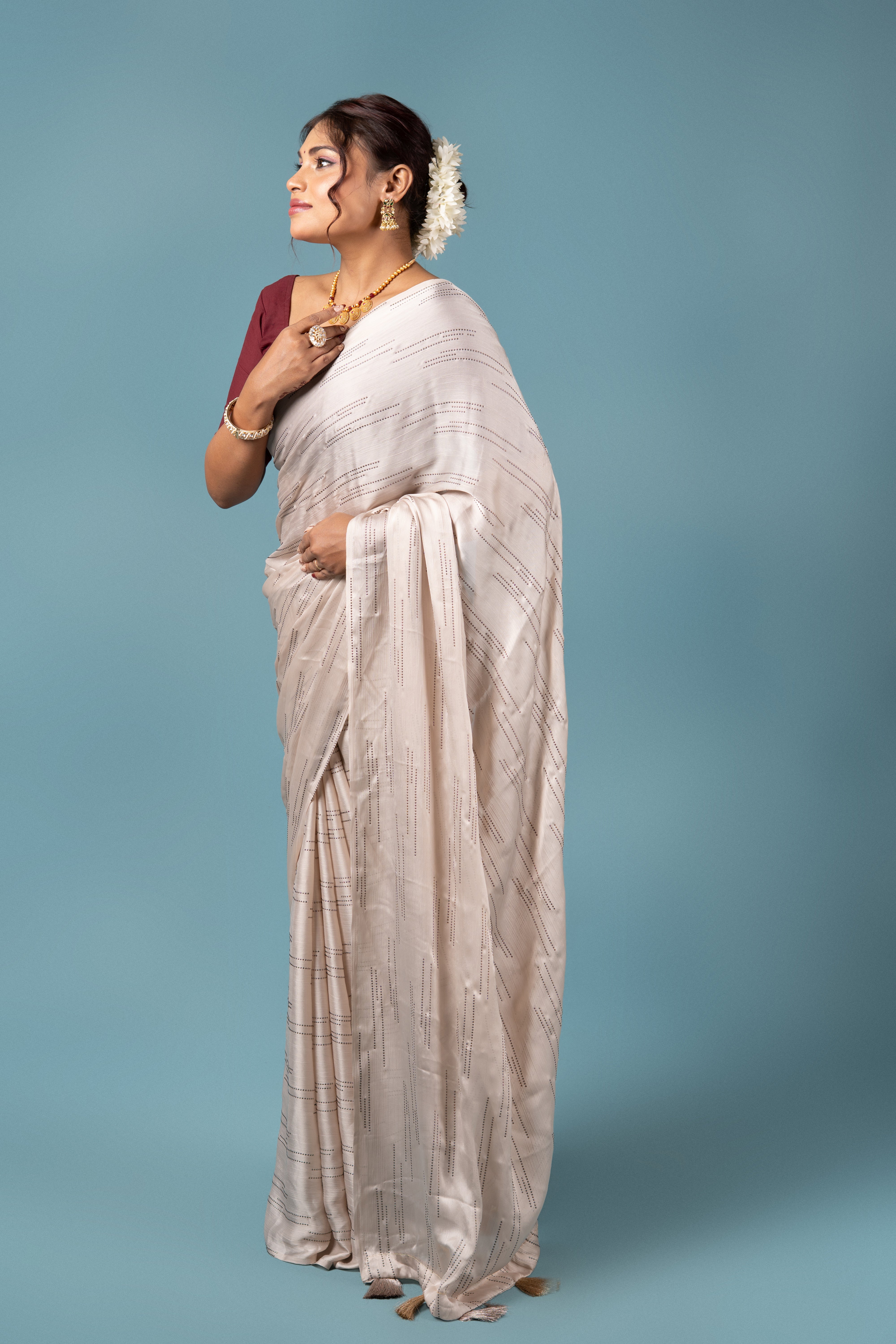 Cream Chiffon Saree with Sparkle Work