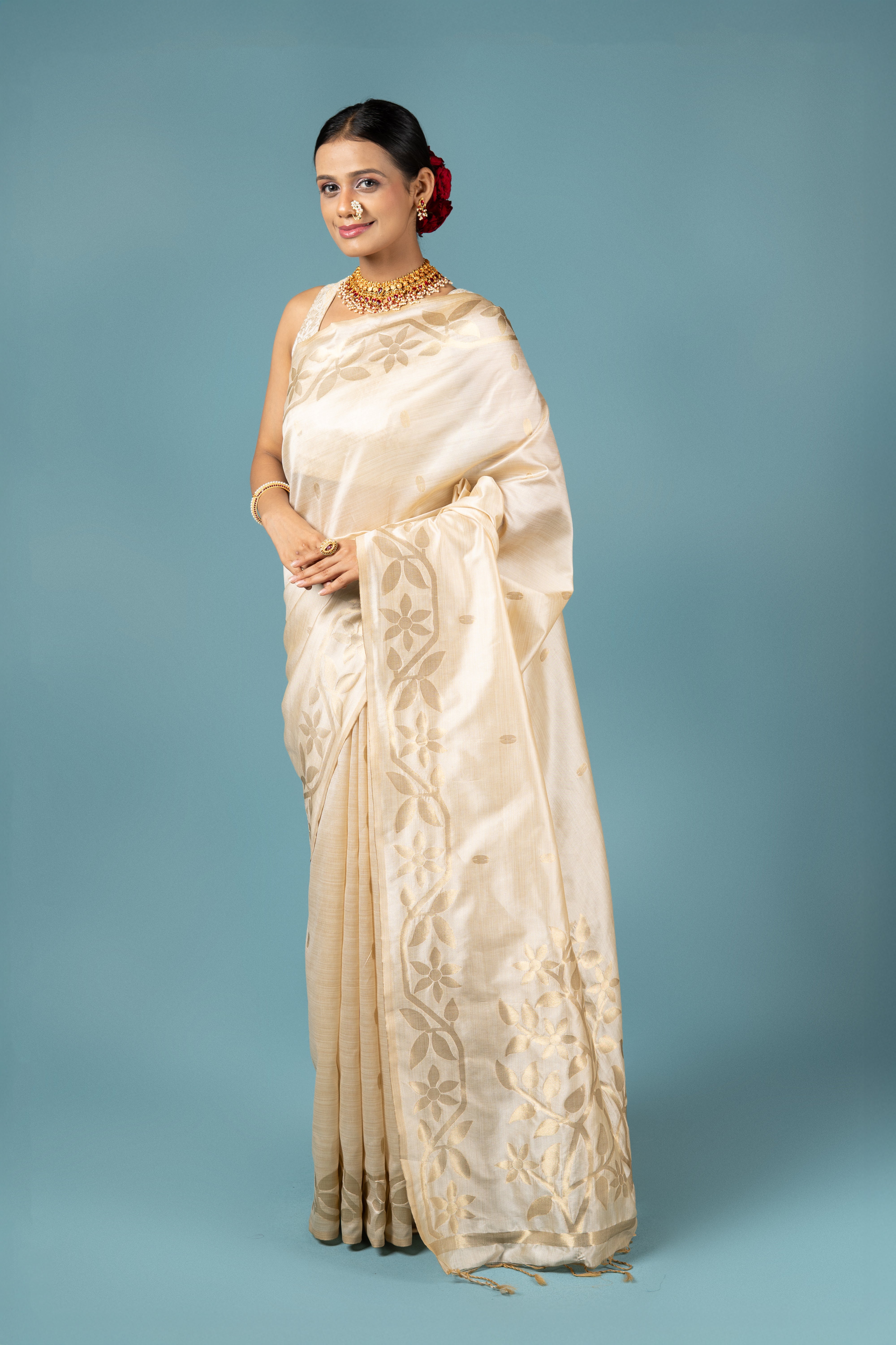 Cream Katan Silk Saree
