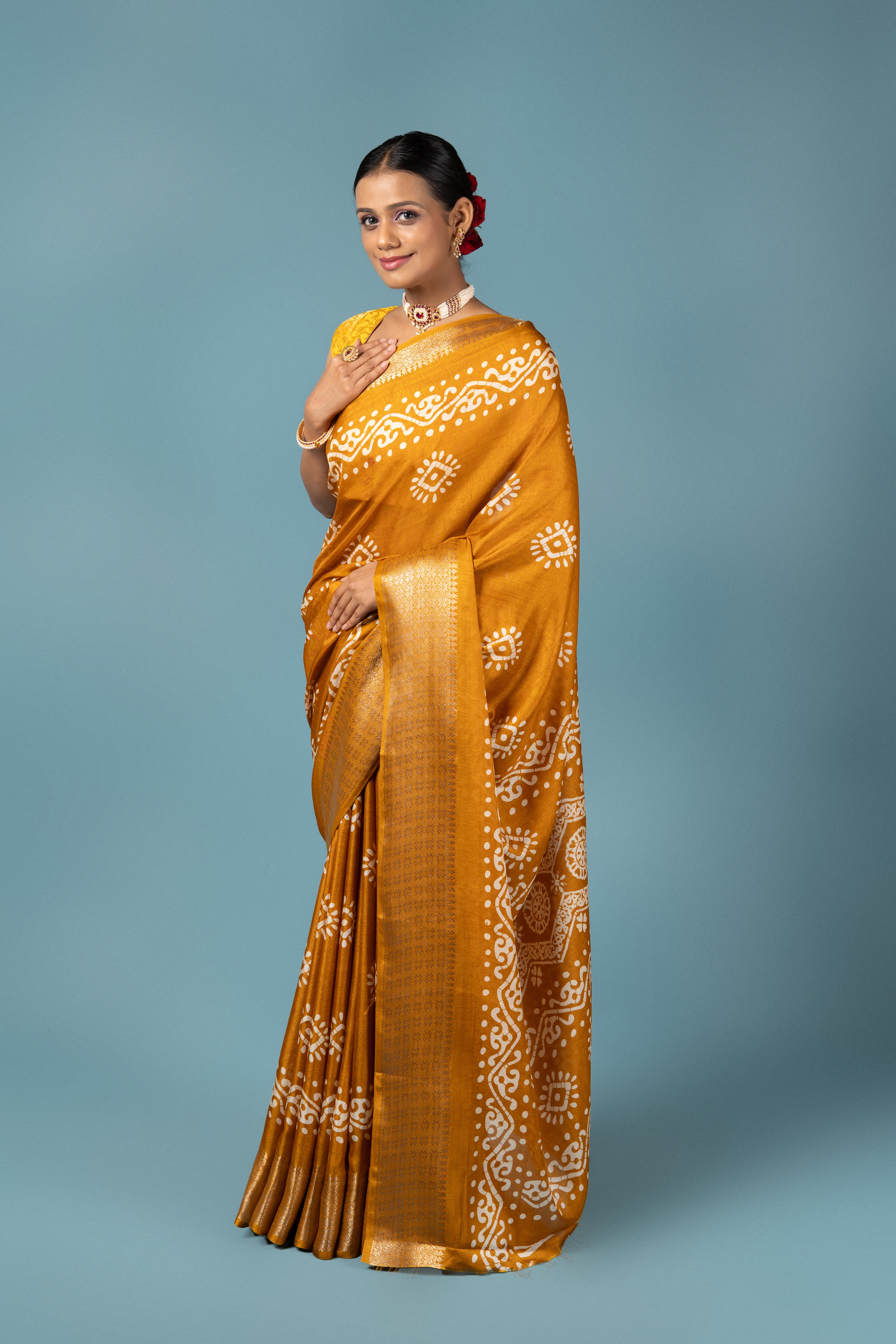 Mustard Yellow Tussar Silk Saree with Batik Print