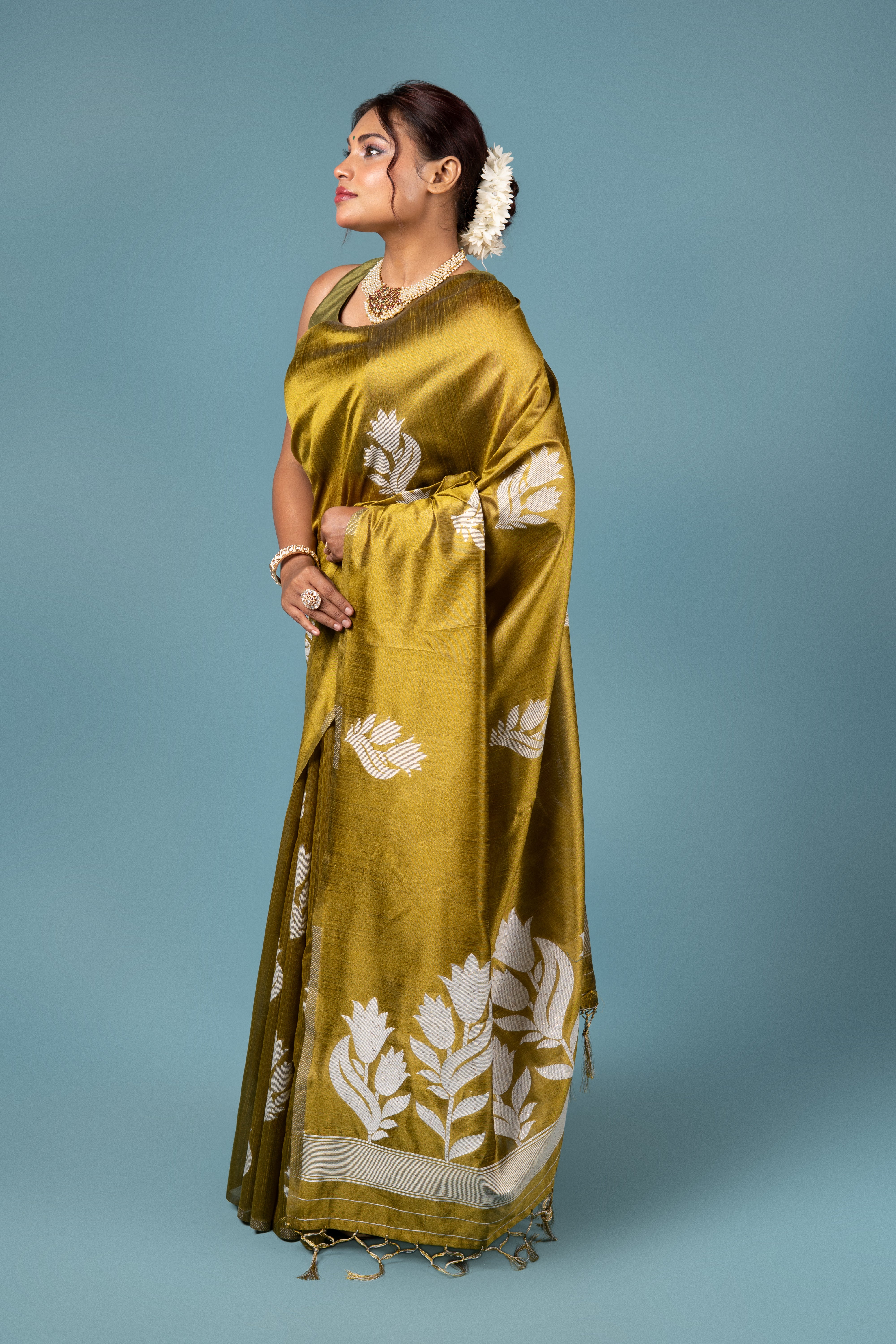 Olive Green Tussar Silk Saree
