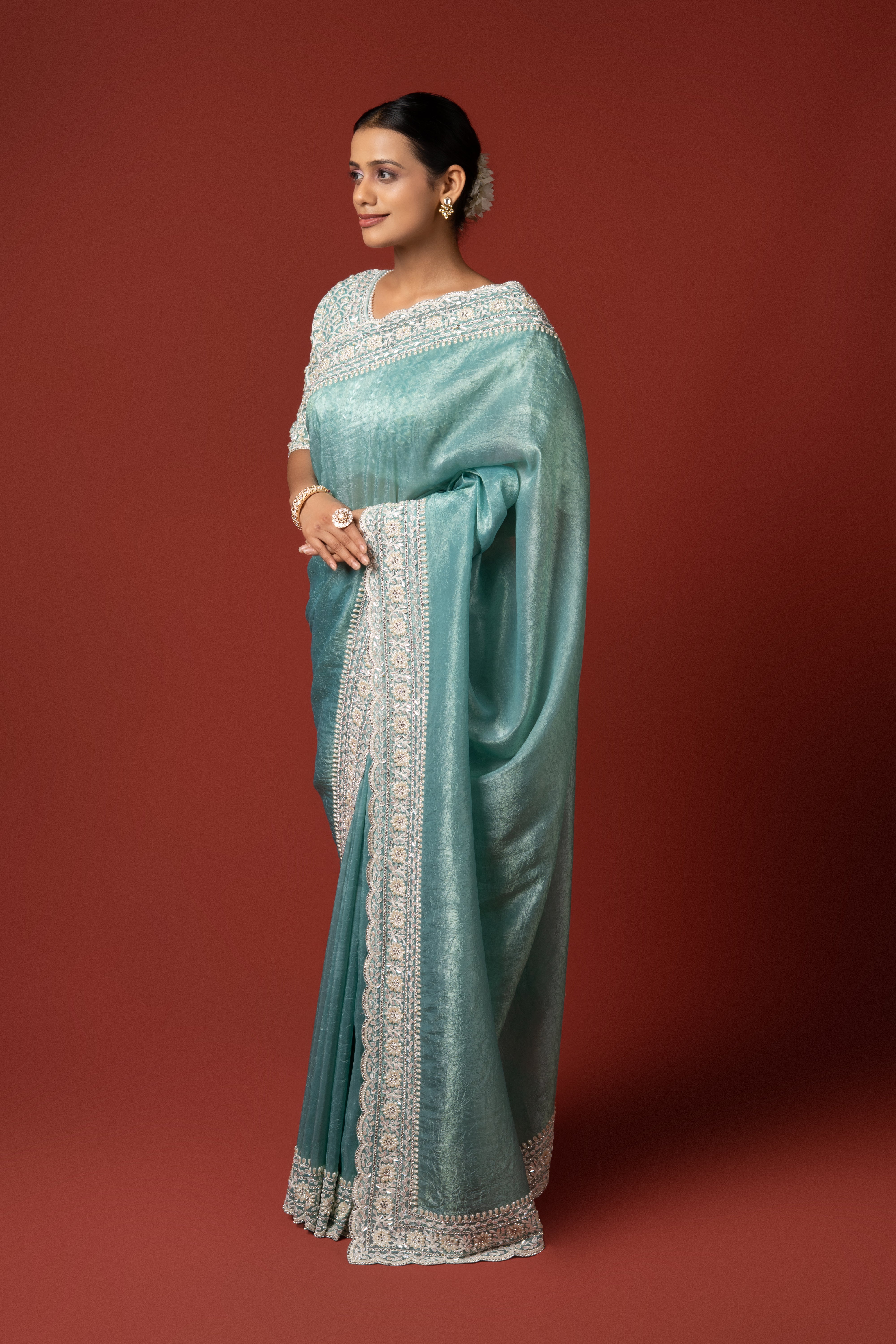 Sea Green Organza Saree With Stone Work