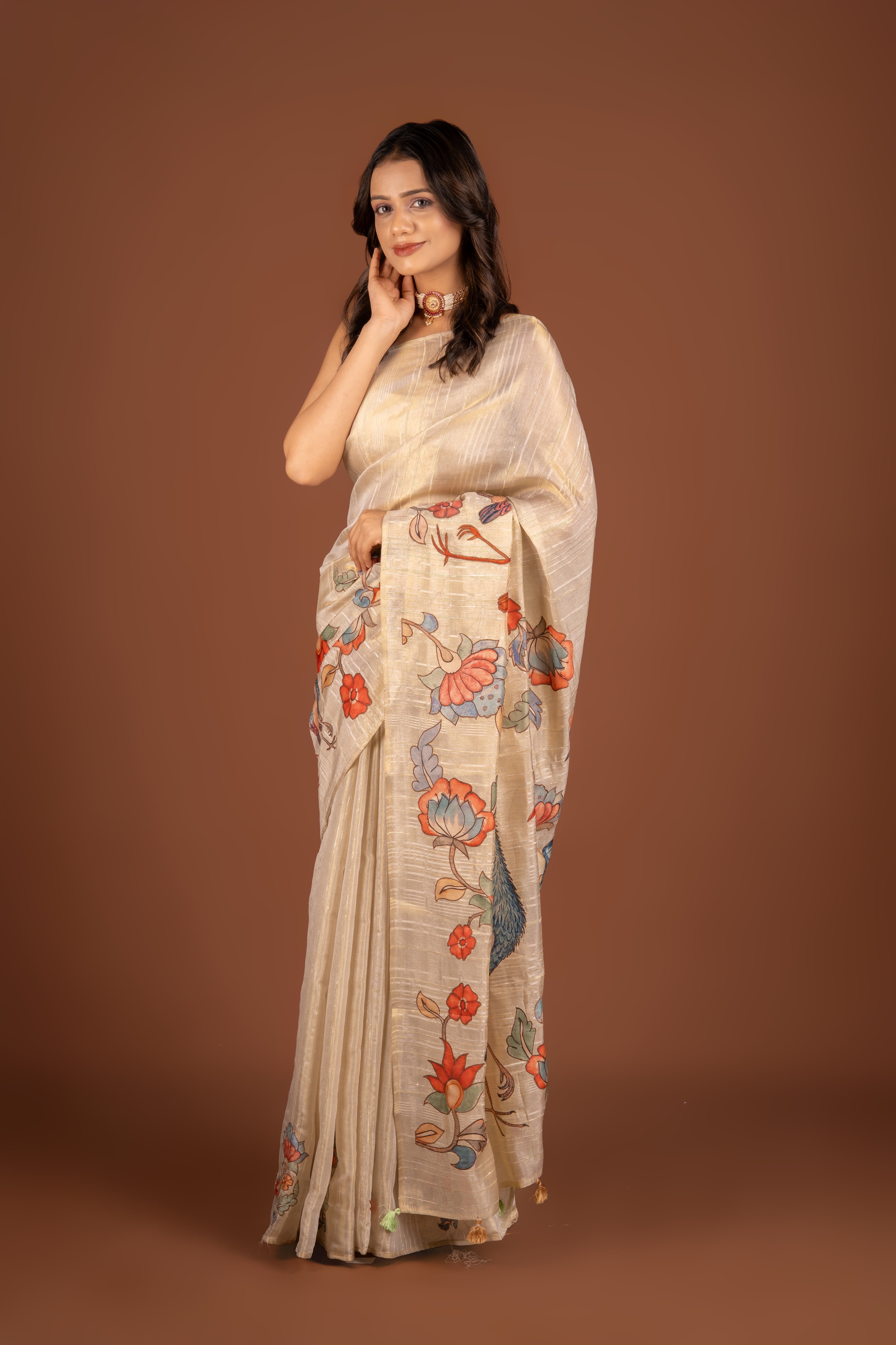 Cream Tissue Silk Saree with Kalamkari Print