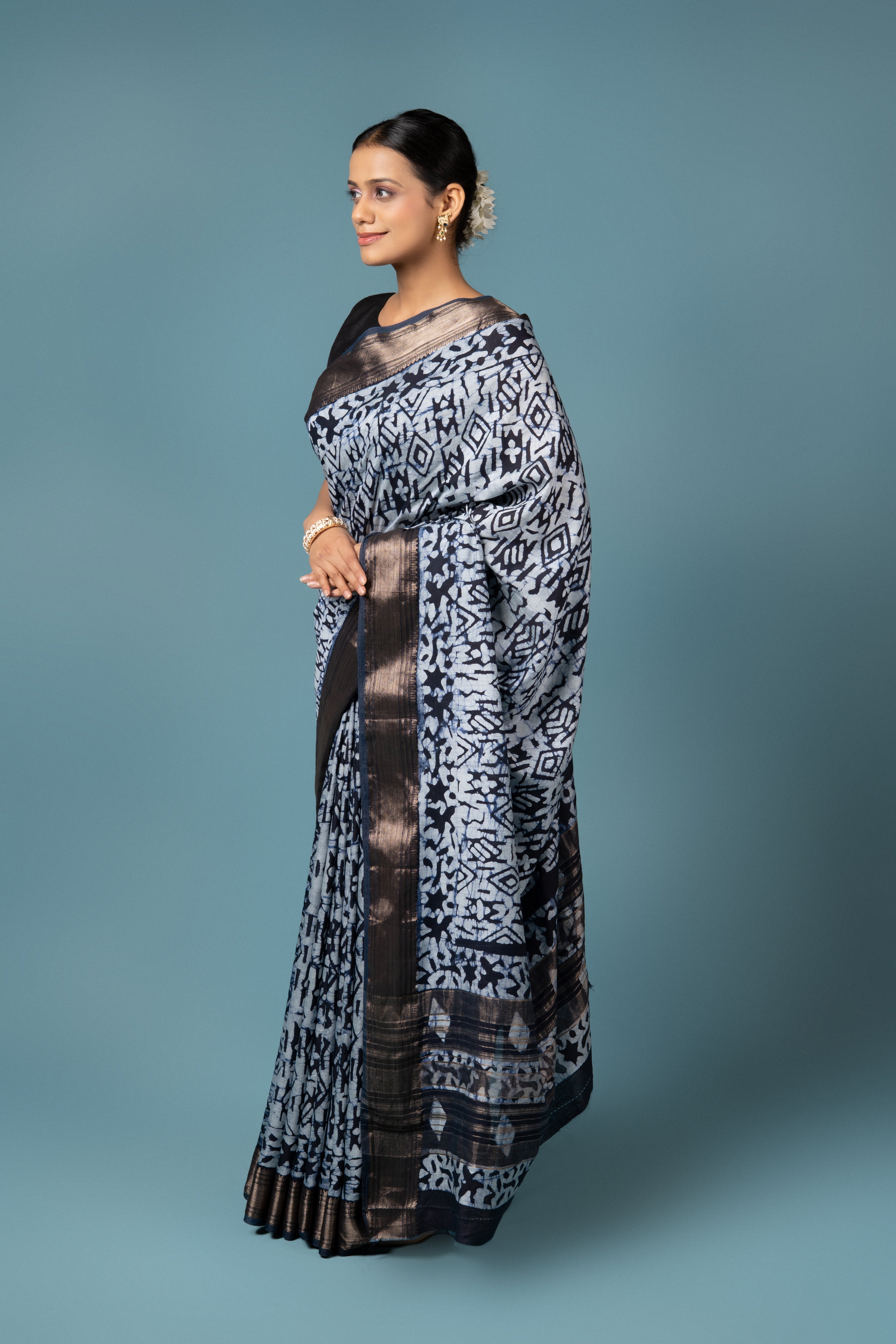White Cotton Saree With Batik Print