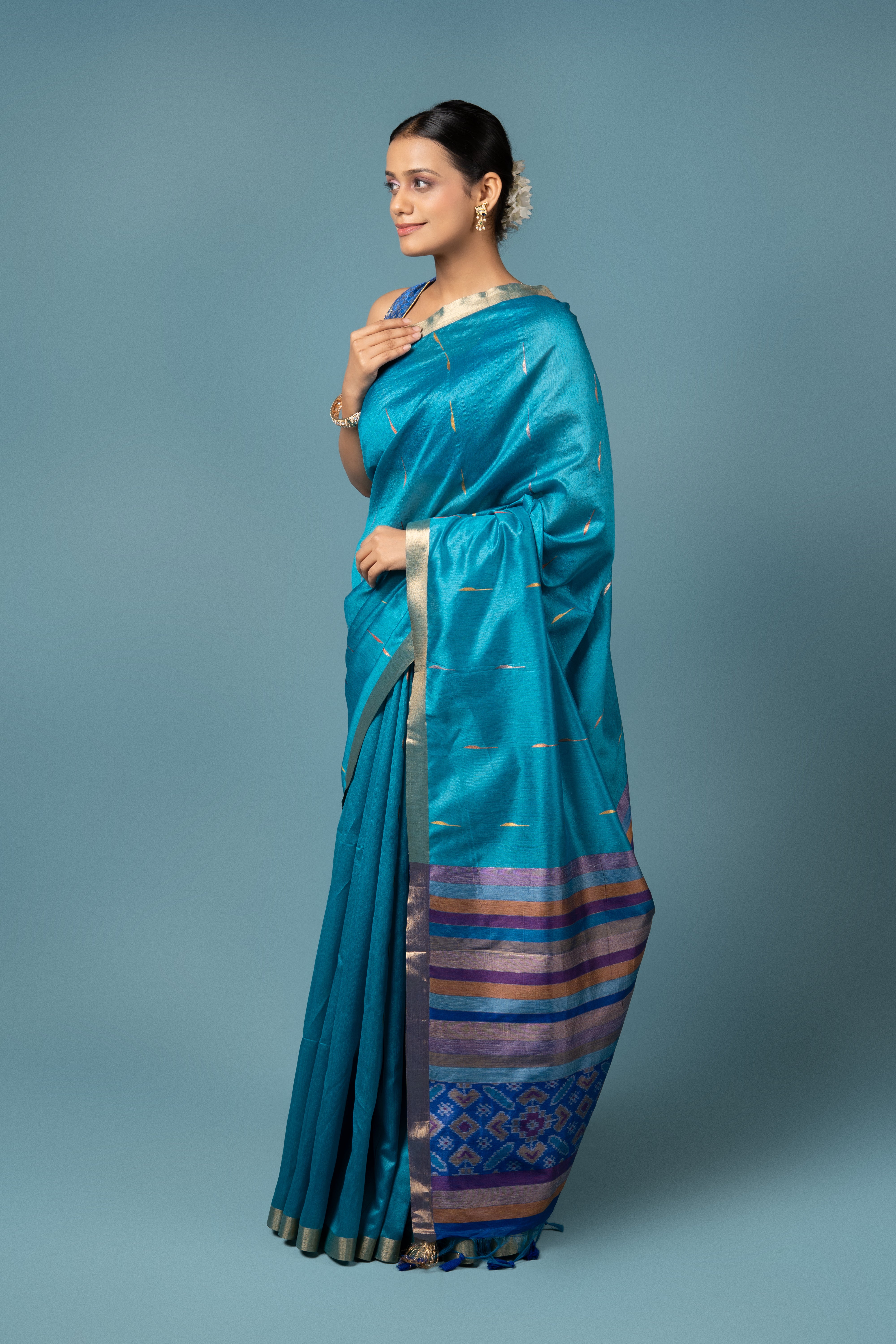 Blue Tussar Silk Saree with Patola Print