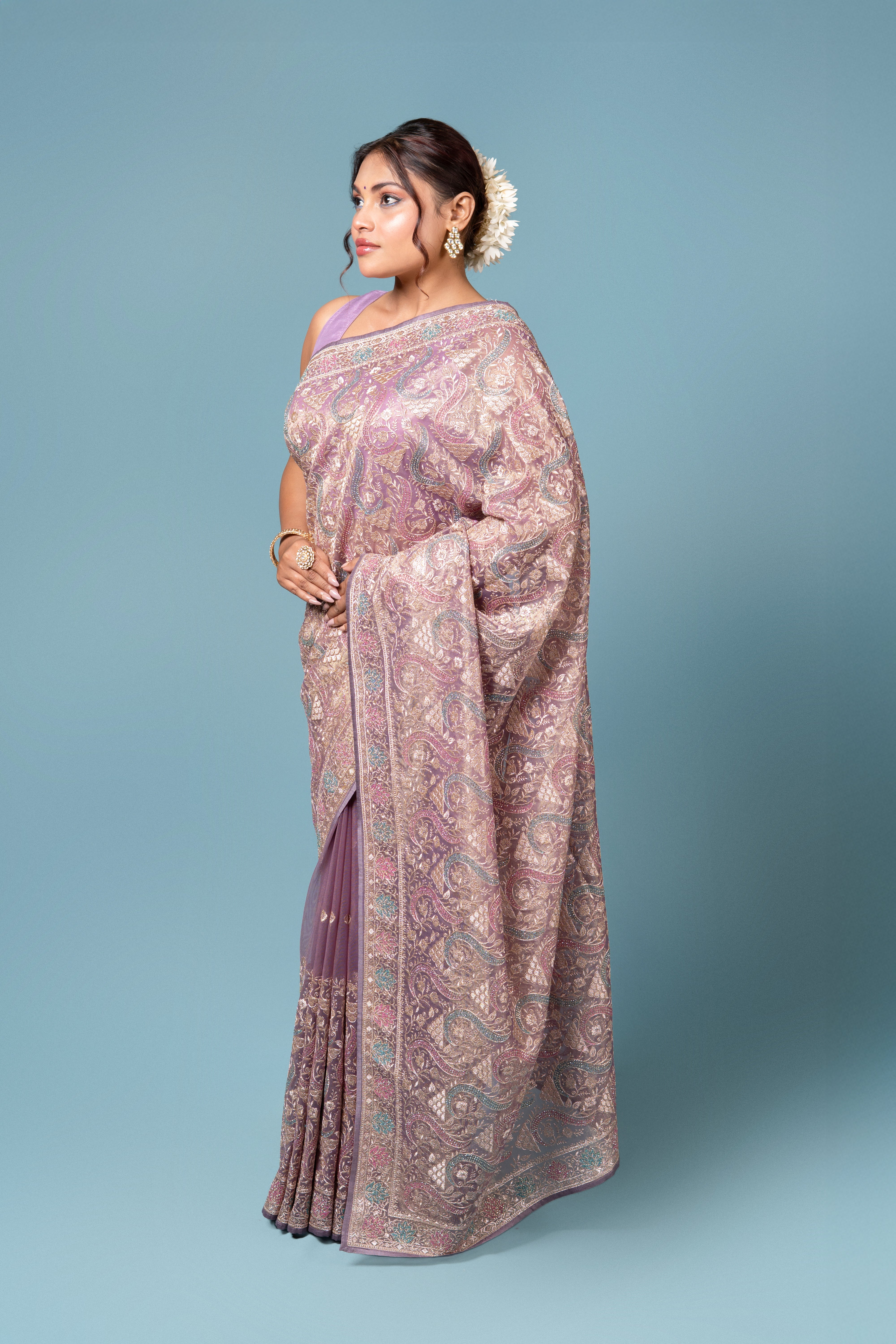 Purple Georgette Saree with Stone Work