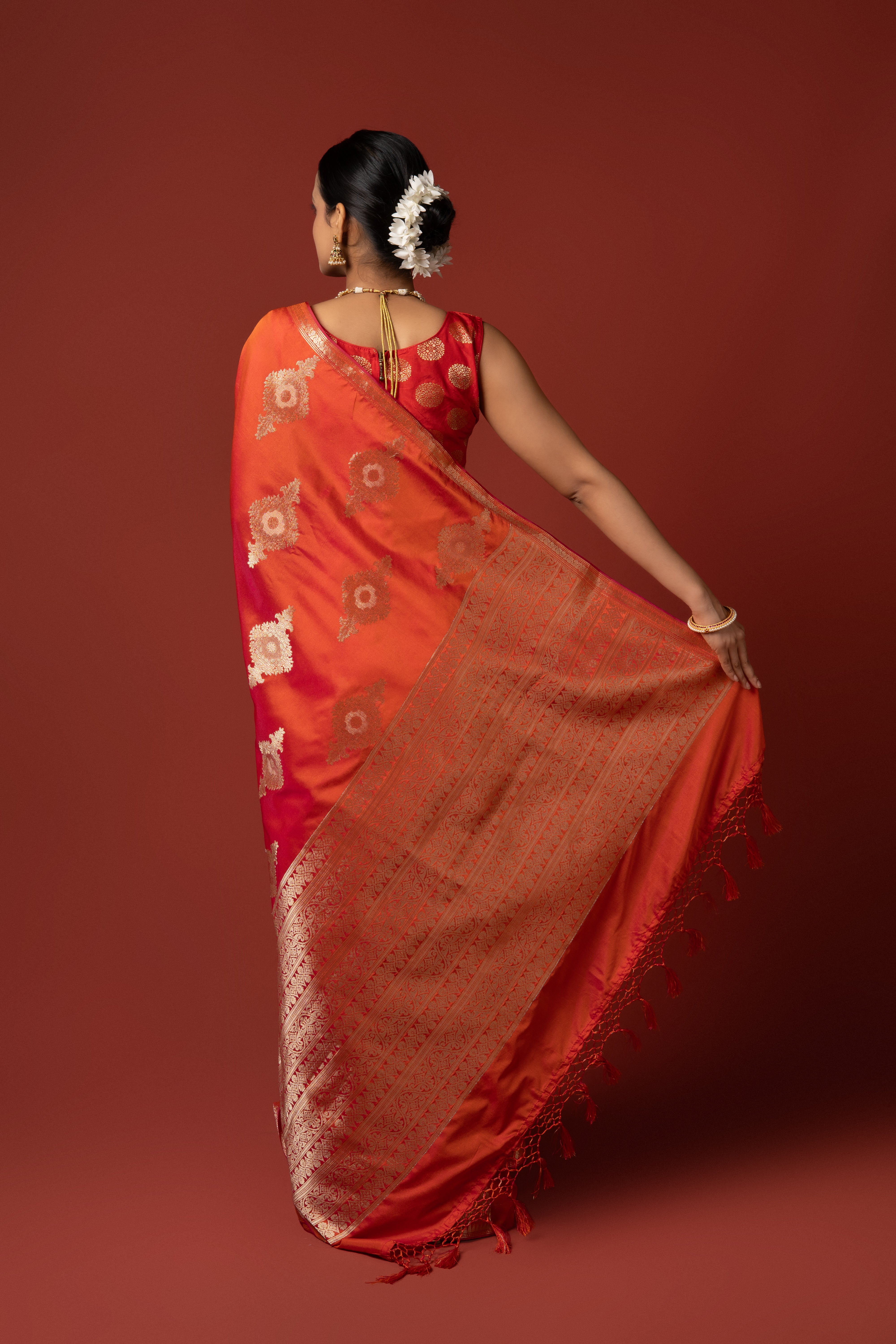 Sunset Orange Katan Silk Banarasi Saree