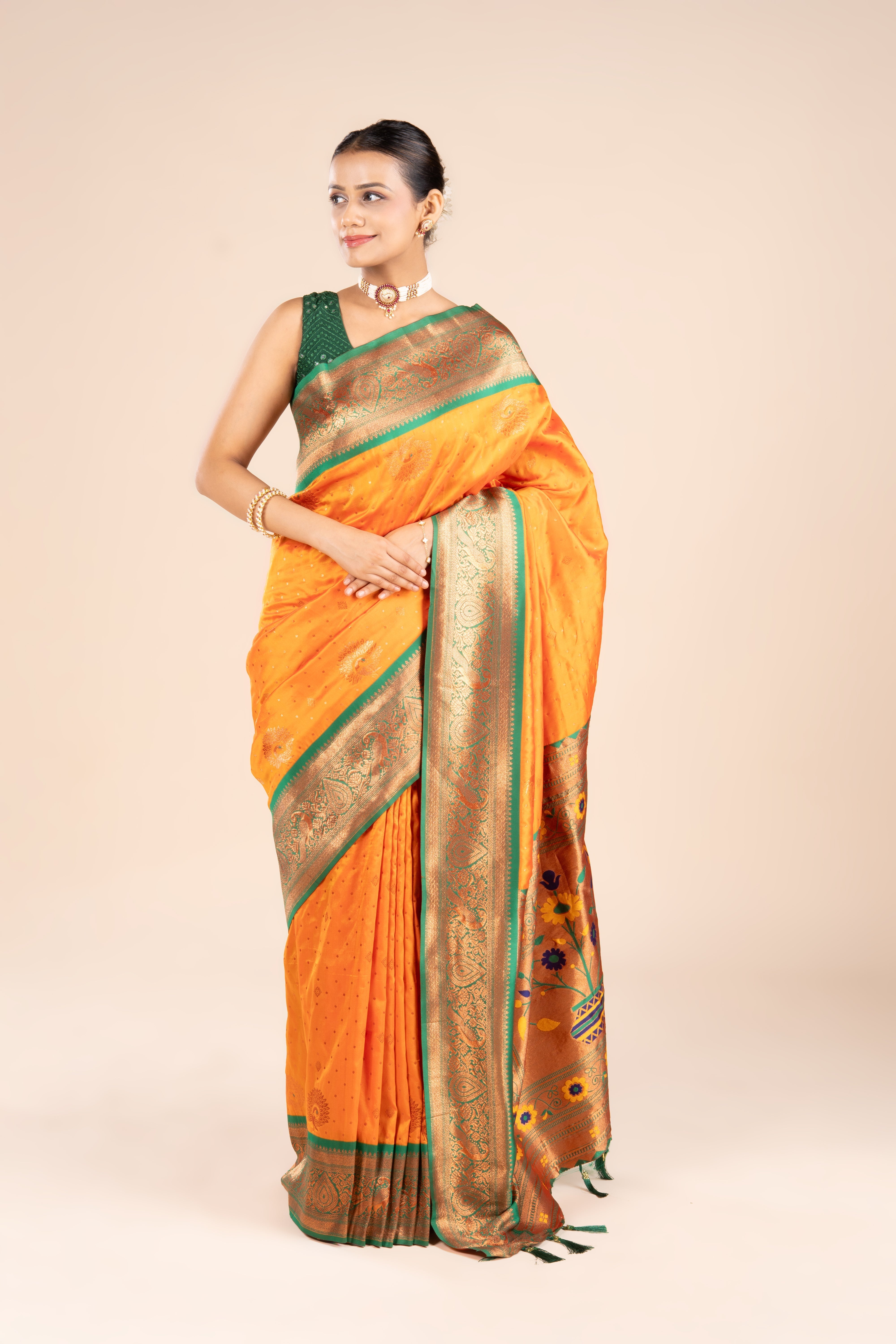 Orange Katan Silk Paithani Saree