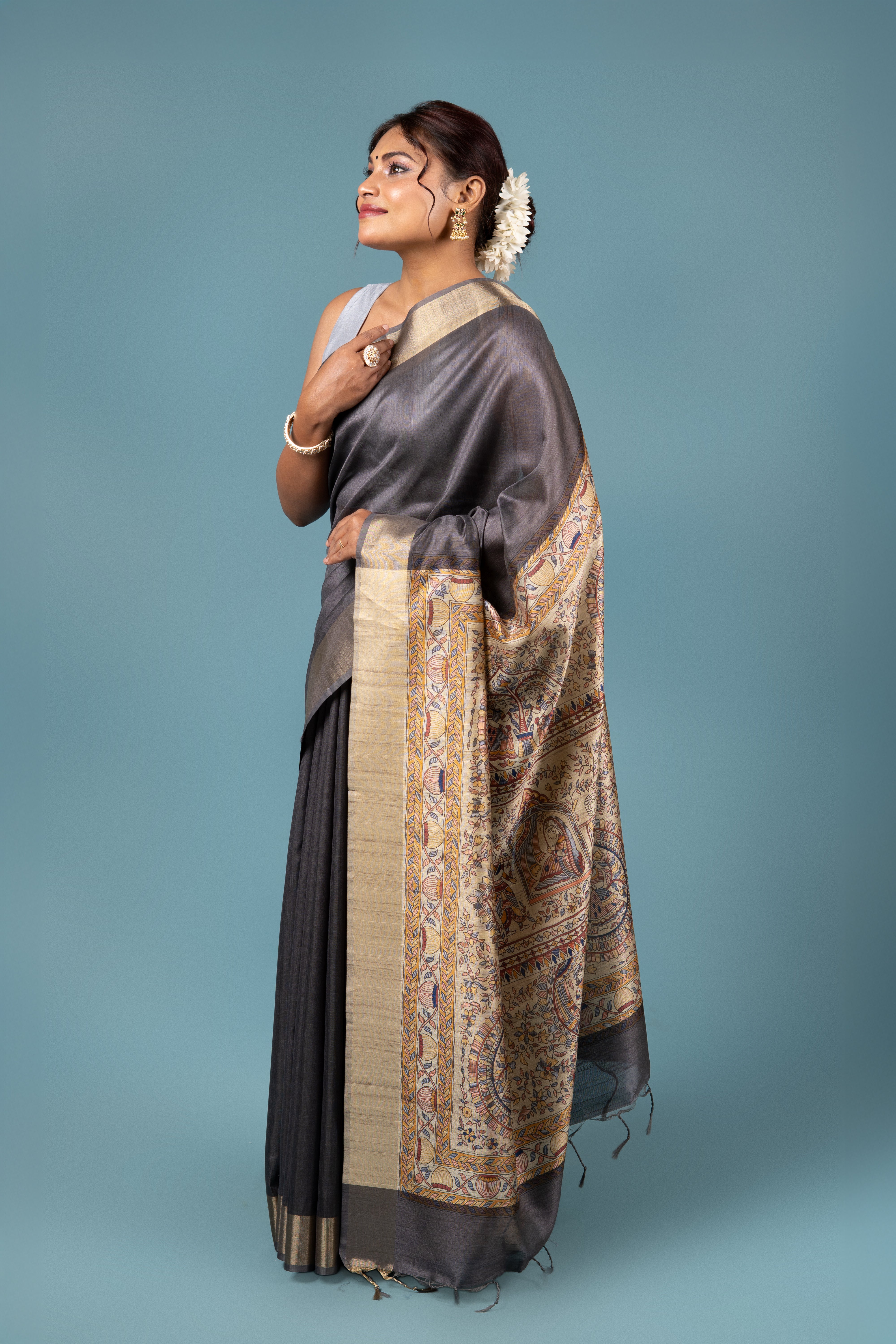 Grey Tussar Silk Saree With Madhubani Print