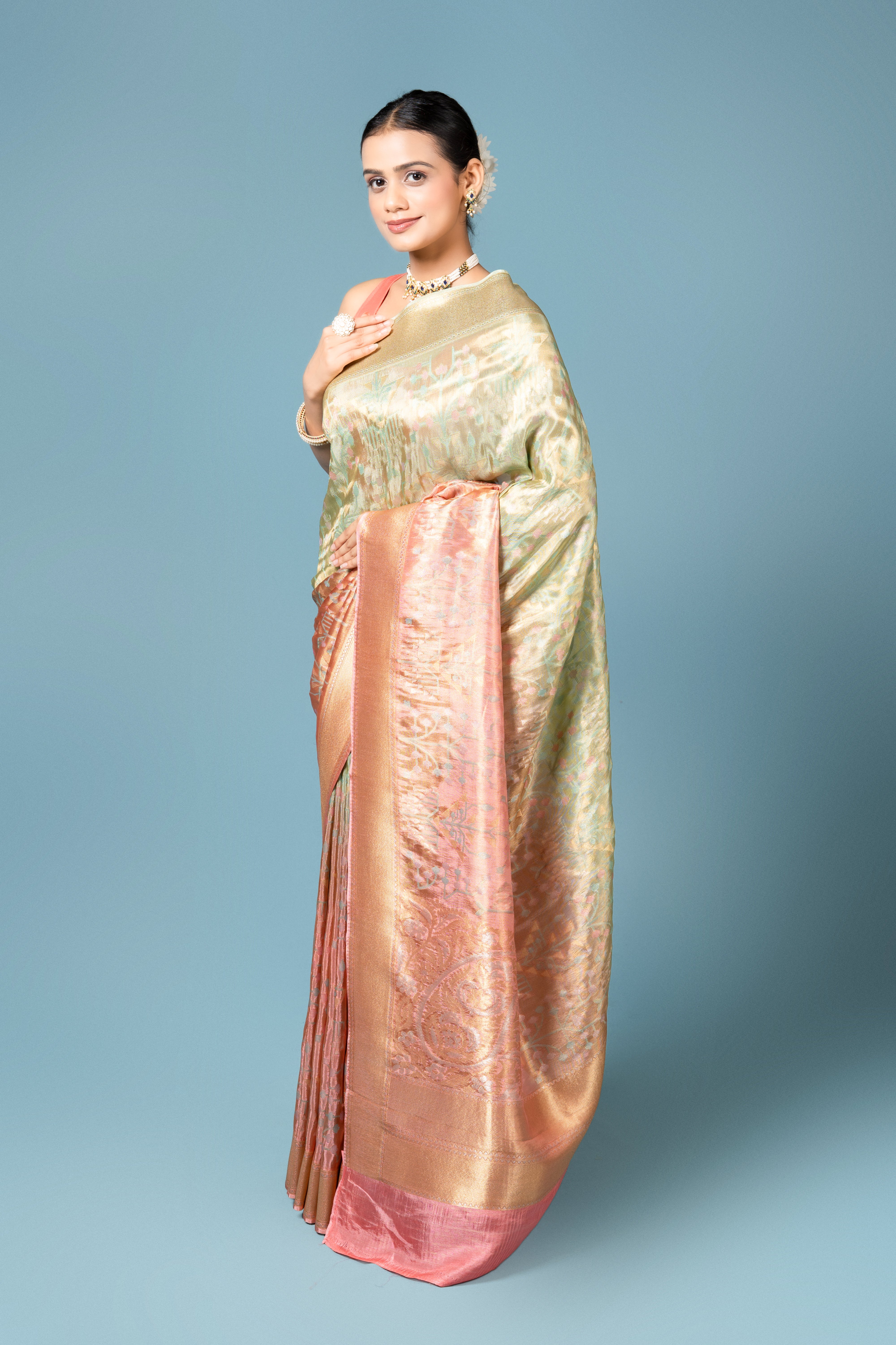 Orange and Green Tissue Silk Saree