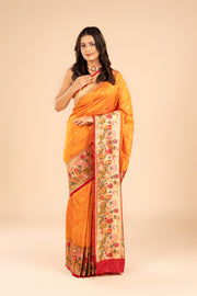 Orange Katan Silk Paithani Saree with Lotus border