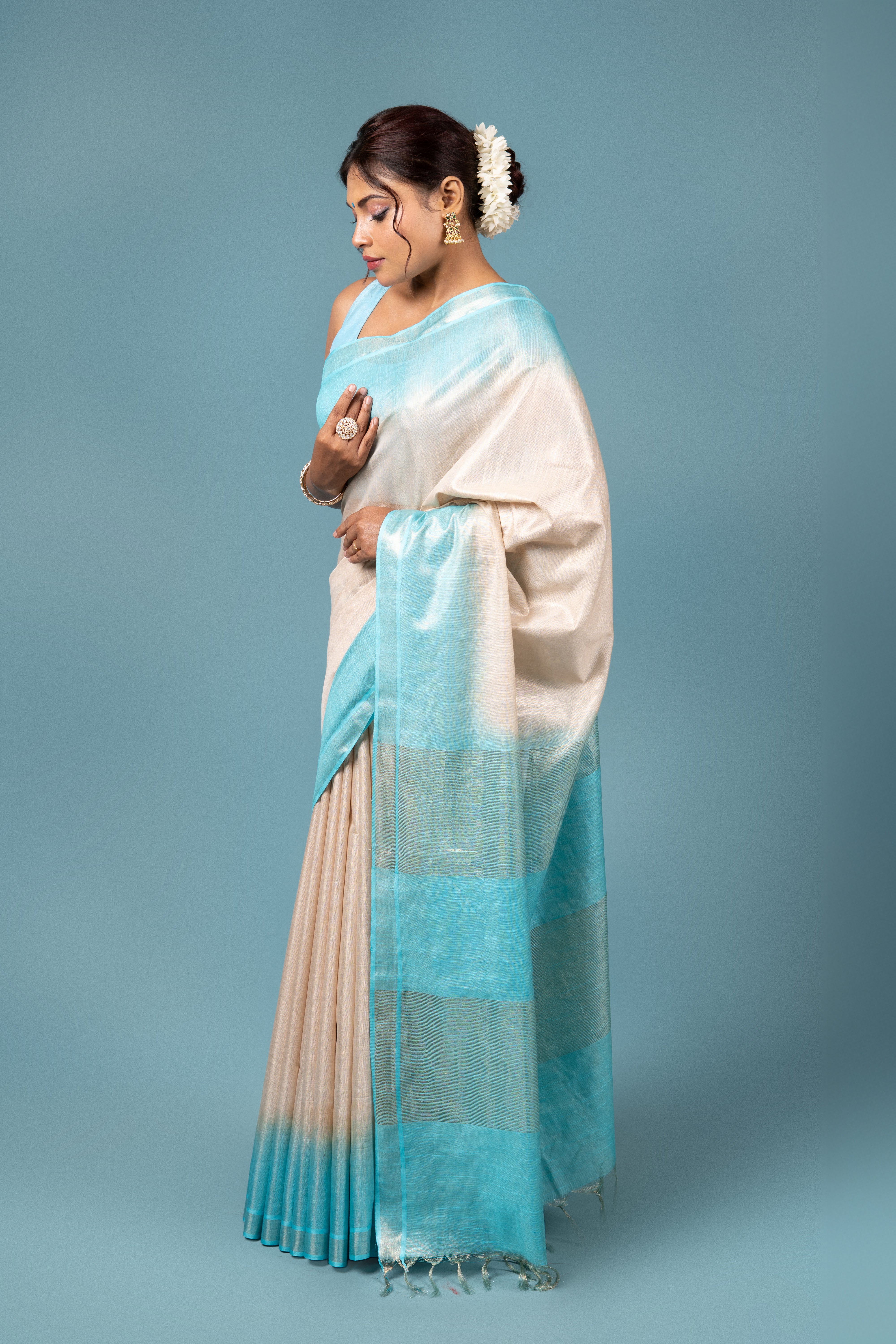 Baby Blue And Beige Tussar Silk Saree