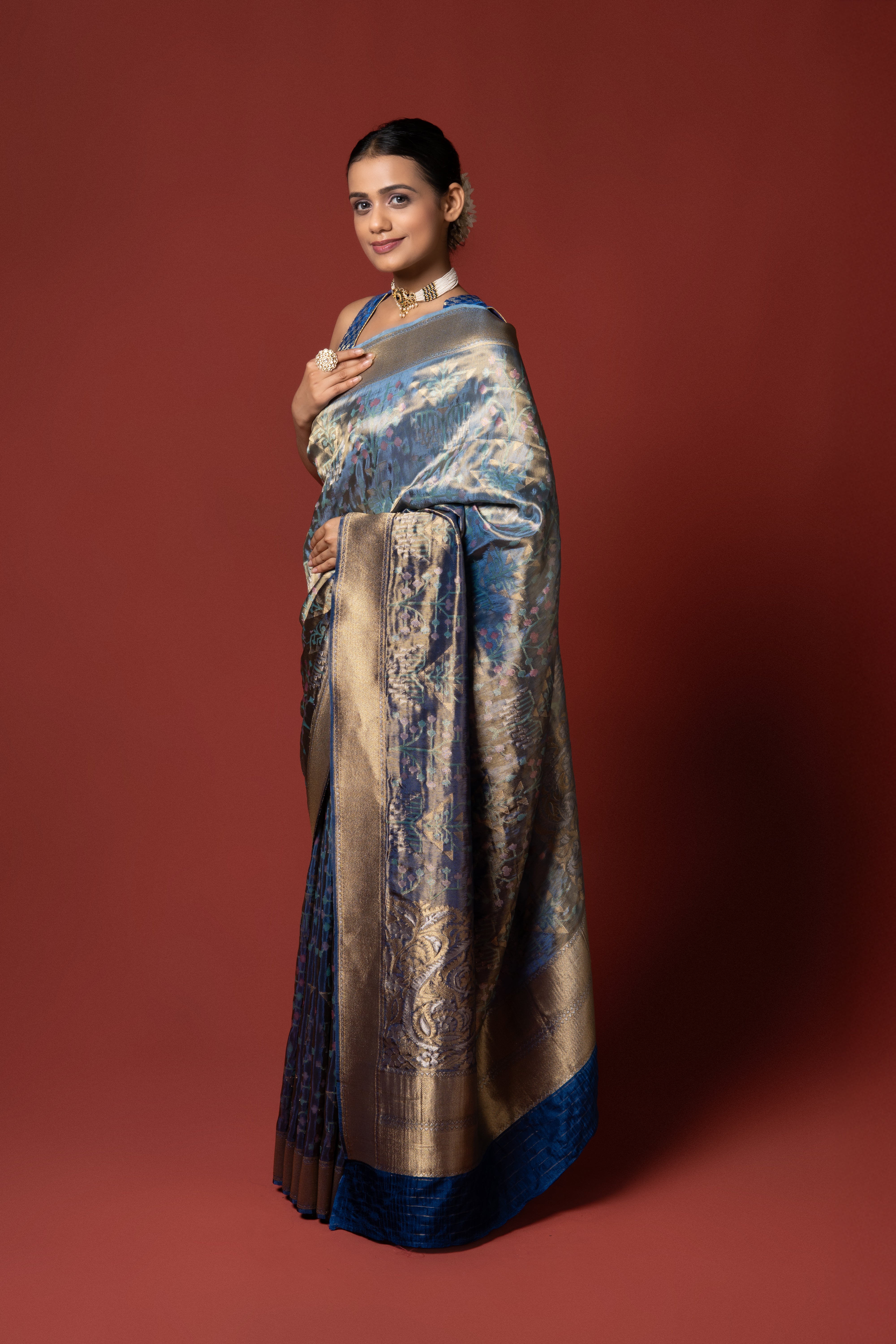 Blue and Grey Tissue Silk Saree